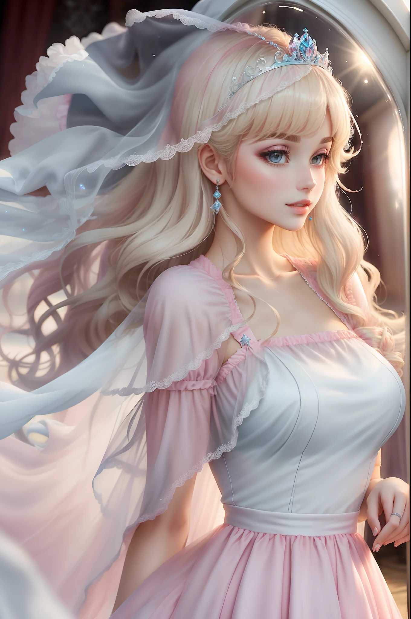 Princess A Princess Soft Best quality in good style(Highest Quality) , High quality(hiquality) of soft hair Pink fluffy dress blonde corolla long The whole body is reflected A wonderful atmosphere with very delicate tones veils