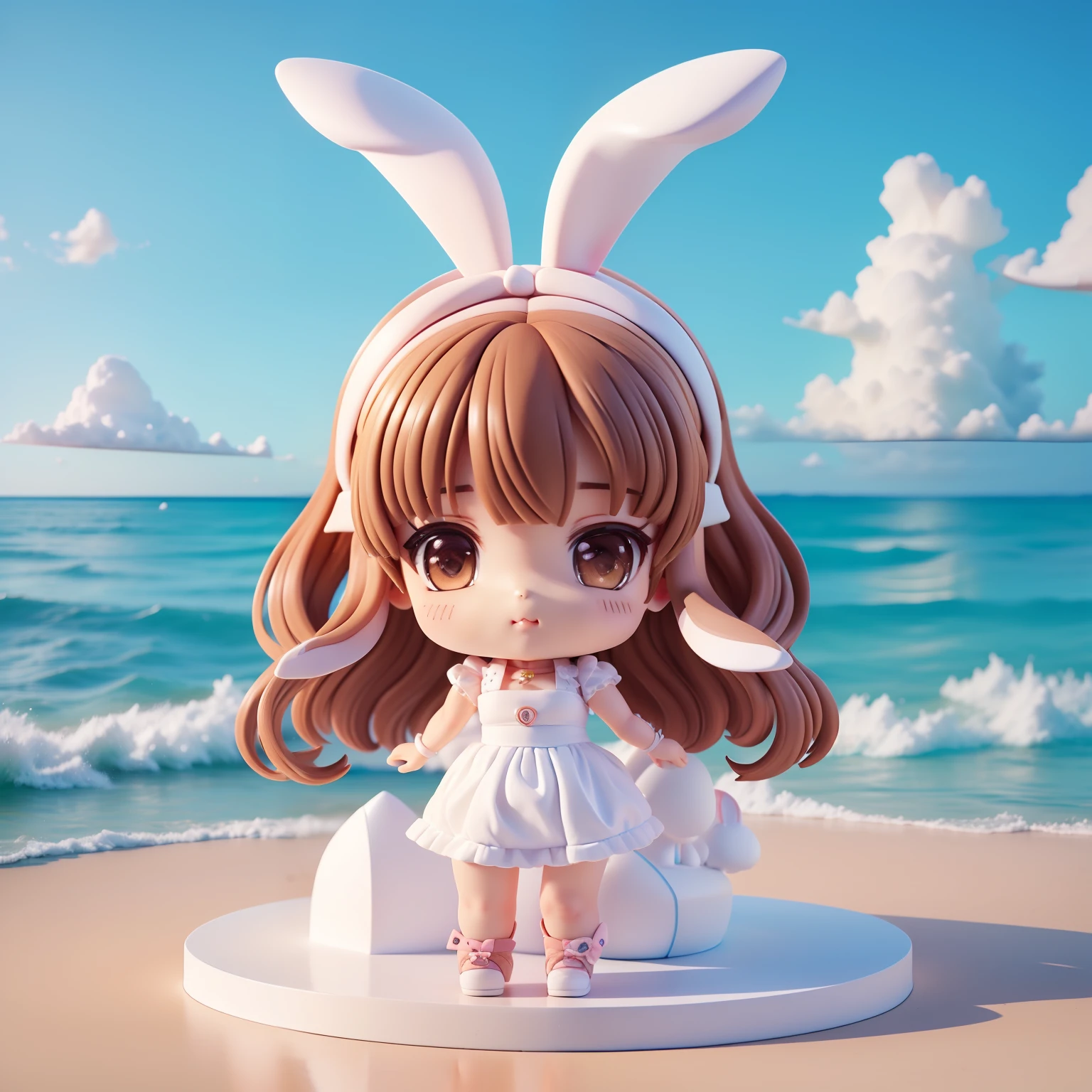 (((Chibi 3D))) (Best Quality), (masutepiece) Chibi Anime Deformed Style,Brown Hair Wave Bob Style,(Rabbit lop-eared:1.5),a dolphin, Party City Big Cake Unisex(White variety goods:1.2),The background is the Caribbean Sea,Blue Sea、White waves,Close-up Face.