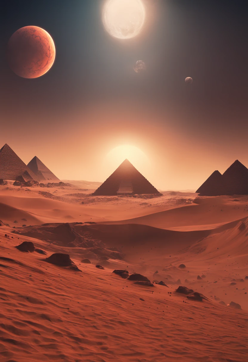 On Mars，The pyramids are towering，Sandstorms swept through，Inaccessible。Blood red sun，Huge planets hang high in the sky