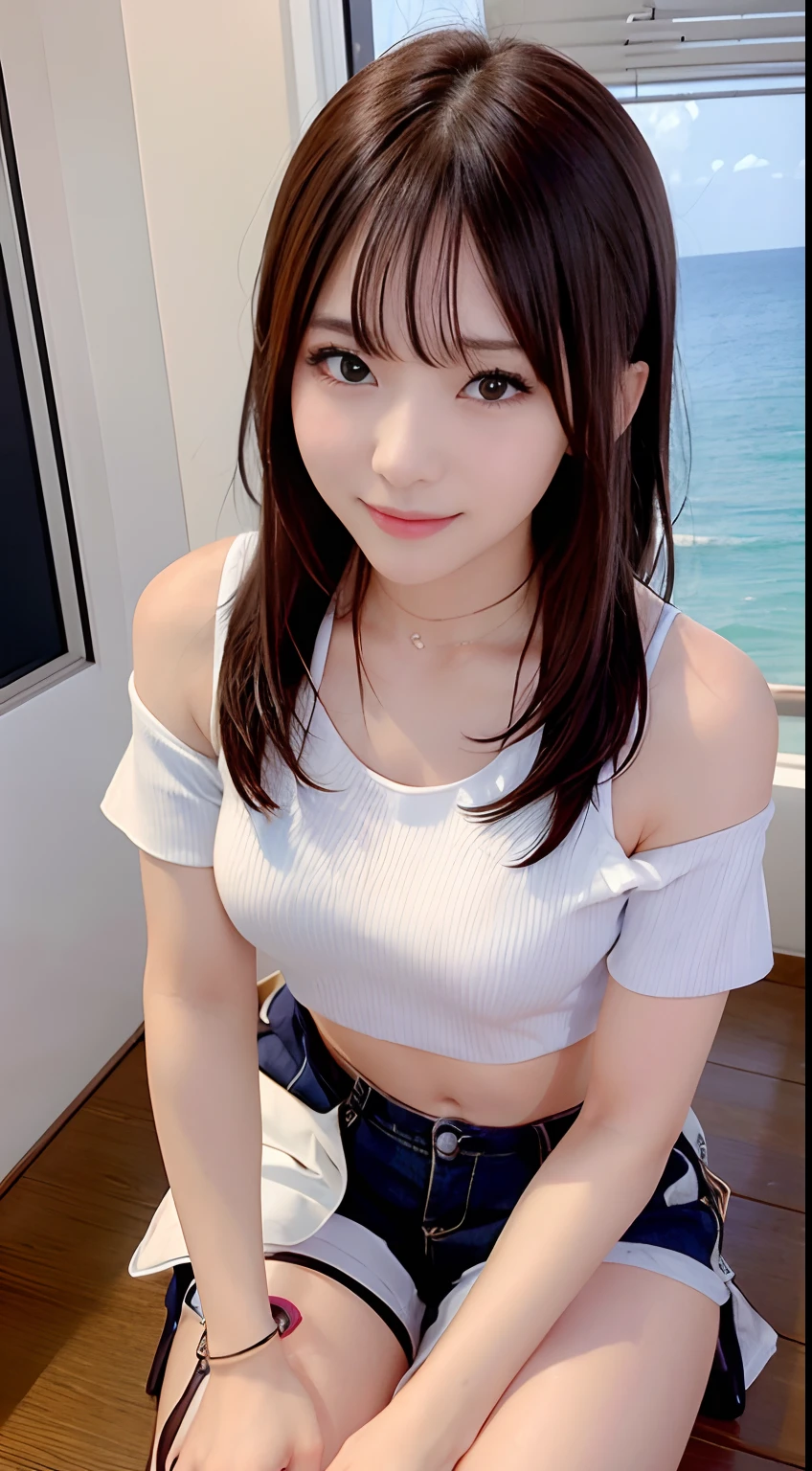 (Raw photography:1.2)、top-quality、Detailed beauty、Beautiful Korean Woman、The most beautiful women in the world、Beautiful sharp face、面長、21years old、A smile、Happy smile、light brown hair、fluffy and voluminous hair、extra detailed face、beatiful detailed eyes、eye line、Nasal nose、a small face、small tits、tiny chest、Road by the sea、lean against the wall、Shooting from a distance、Squatting、open one's legs、Natural sunlight、depth of fields、Blurry background、hight resolution、8k wallpaper、finely detail、Very detailed 8k wallpaper、电影灯光、sexy pose、(photorealisim:1.4)、super detailing、masterpiece、croptop、Small T-shirt、shortpants、hotpants、Pointing a finger
