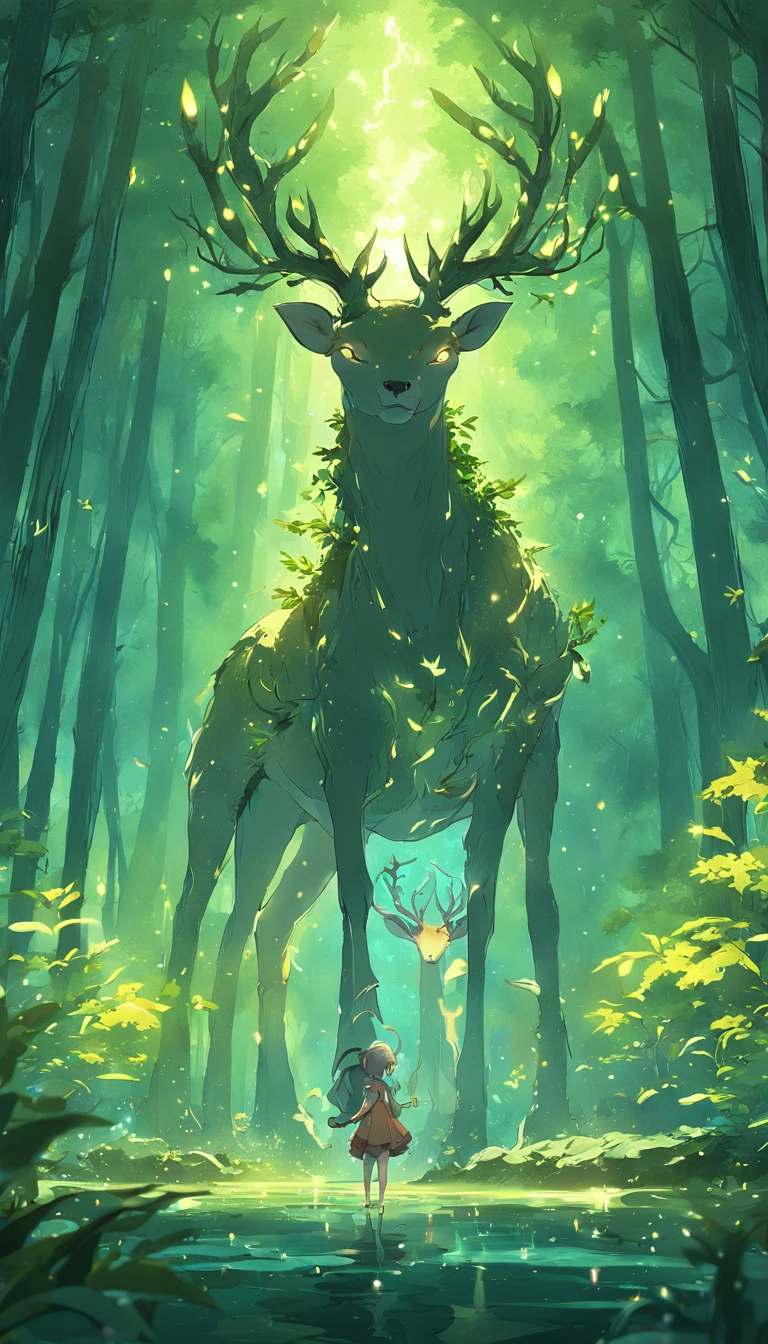 Masterpiece, best quality, (very detailed CG unified 8k wallpaper), (best quality), (best illustration), (best shadow), glowing elf with a glowing deer, drinking water in the pool, natural elements in forest theme. Mysterious forest, beautiful forest, nature, surrounded by flowers, delicate leaves and branches surrounded by fireflies (natural elements), (jungle theme), (leaves), (branches), (fireflies), (particle effects) and other 3D, Octane rendering, ray tracing, super detailed , deer