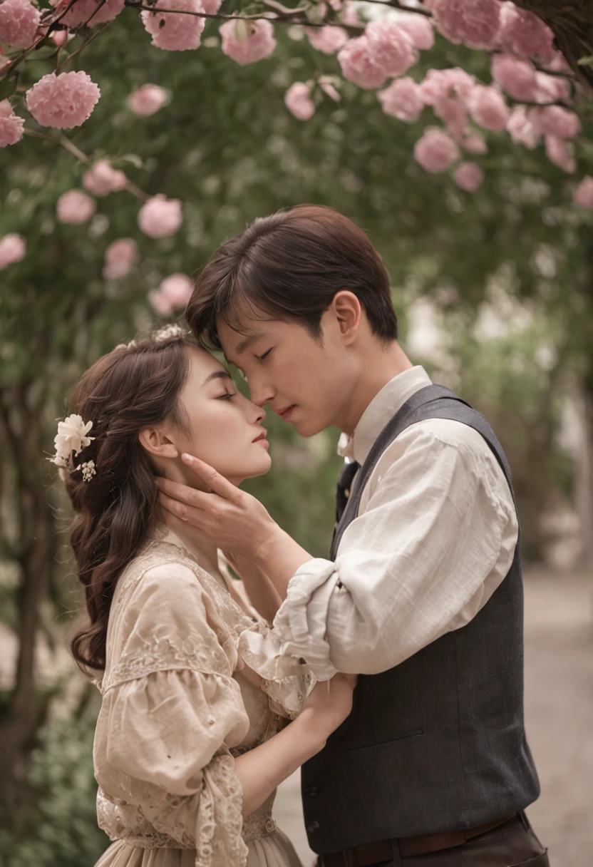 Nostalgia, Romance, traditionalcostumes, Vintage hairstyle, Dimly lit room, Handwritten love letters, Shy look, forbidden love, conclave, Poetic atmosphere, silk dress, Lanterns, Moonlit Night, bamboo grove, Whisper sweet words, hands in arms, Gentle hugs, The look of doting, A yearning heart, Passionate kisses, Old town streets, old-fashioned bicycles, Old gramophone, love song, Handwritten diary, arranged marriage, Stolen moments, Tearful goodbye