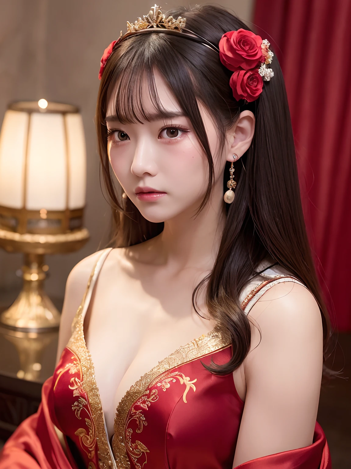 Portrait of Figures, Ancient China, Oriental Women, Tang Style, Double Happiness Background, Wedding Room, Cave Room, Costume Bride, Red Wedding Dress, Red Han Dress, Phoenix Crown Xia Curtain, Hair Coiled, Full of Pearls, Flower Hair Between Eyebrows, Red Candle, Candlelight Illuminates the Room, Best Quality, Original, Very Detailed Masterpiece, Very Detailed CG, Delicate Face, Delicate Robe with Large Sleeves, Divinity, Masterpiece, Delicate Face, Crying, Sadness, Loneliness, Tears, 4K Quality, Girl, Hanfu, Black Hair, Bun, Hair Ornaments, jewelry, delicate face, red clothes, golden patterns, phoenix crown veil, red wedding dress, newlyweds, festive, delicate skin, soft light effect, delicate and smooth hair, exquisite details, eye highlights, fair skin, fine portrayal, extreme details, cinematic quality, charming, thin, cute, slender, well-behaved, shy, black eyes, indoors, candles, candlelight, romantic, warm, (crying: 1.5), (crying)))), (((tears))), tsurime, makeup, sad, depressed, sulking, sobbing, lonely, disappointed, crying, tearing up, tears, tears, tears, tears, Surrealism, ray tracing, UHD, high details, super detail, highres, 8k, high quality, high details, textured skin, ccurate, anatomically correct, best quality, highres, high quality, textured skin, high details, anatomically correct, super detail, anatomically correct, anatomically correct