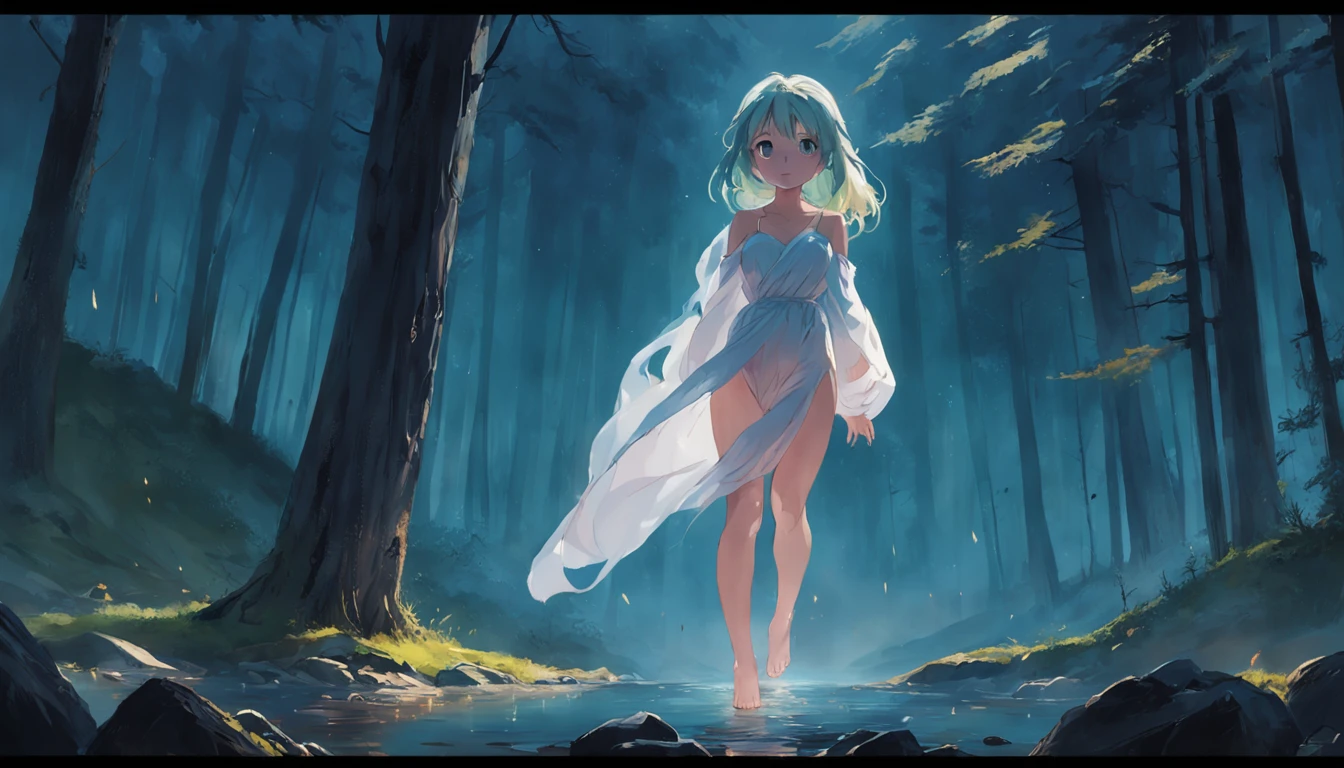 Motion blur, Depth of field，A place where strange boulders are bent，ln the forest，small stream，inverted image，extreme light，fog atmosphere，The moonlight shone on the side of the girl's face，22 year old，realisticlying，no-bra，Long dress with colorful gradient colors，Extra-long sleeves，Off-the-shoulder attire，huge tit，cleavage，Full length of colorful hair（1.9），Color gradient for long hair，Messy hair，Barefoot，Full body like，realskin，realcumAI，Snow-white skin，Snow-white thighs，Top image quality，Extreme light and shadow，Colorful tights，High details，Standing painting，lines of movement，Dance，komono，PC Wallpapers，Two-thirds of the canvas generates the body，move chart