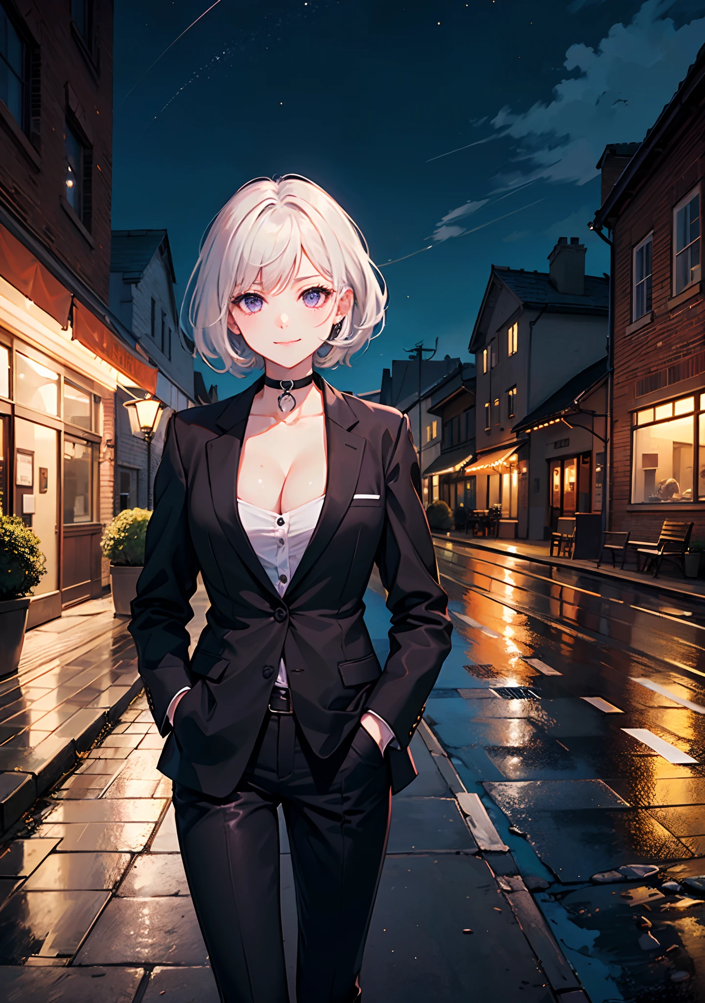 (masterpiece, best quality:1.2), cowboy shot, solo, 1girl, white hair, short wavy hair, purple eyes, average breasts, slender body, light smile, looking at viewer, hands in pockets, formal, suit, cleavage, black pants, choker, cityscape scenery, street, night light, night time