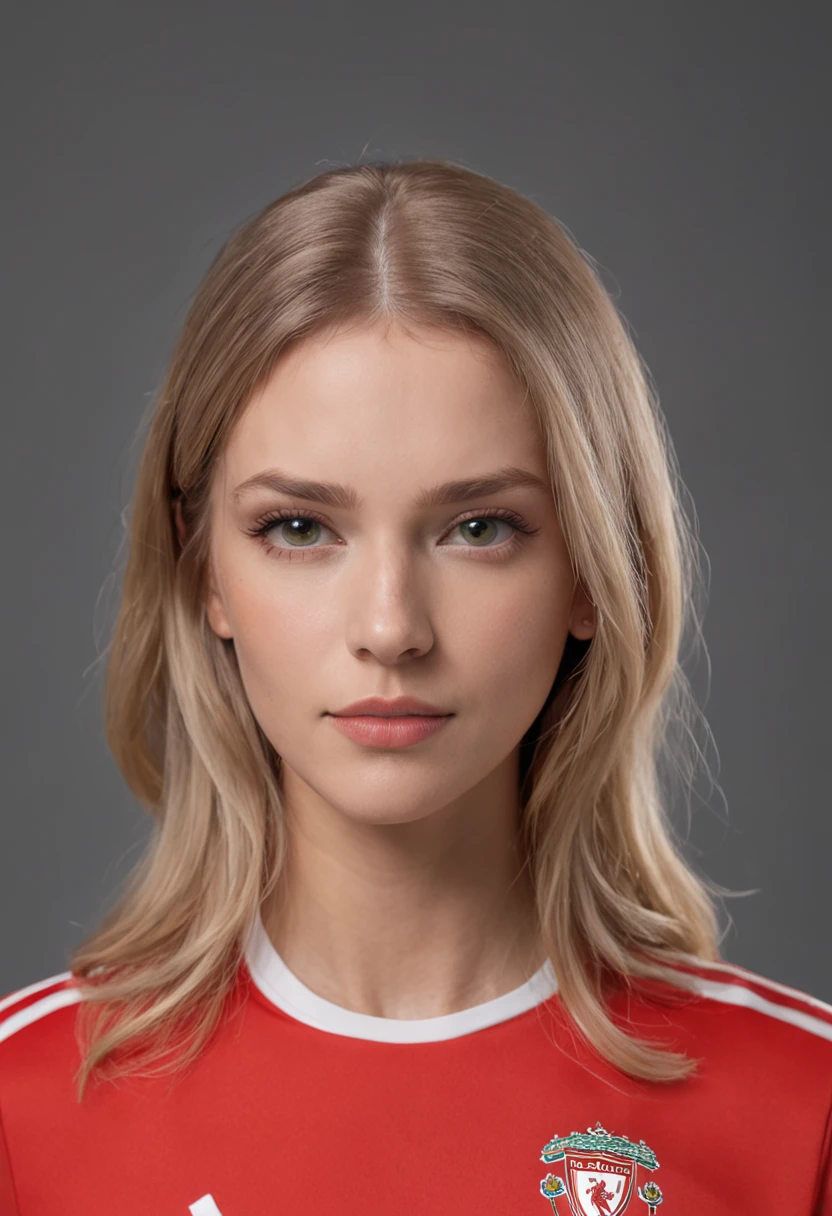 blond woman in a, 25-years old, Germanic, Midhair, light brown eyes, real looking skin, Model wearing the uniform of the Swedish national football team, Ultra-realistic photos taken in the studio, black backgrounds, Max Quality, Raw quality, A hyper-realistic, Linda、full body seen