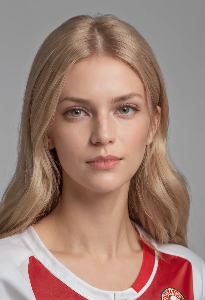 blond woman in a, 25-years old, Germanic, Midhair, light brown eyes, real looking skin, Model wearing the uniform of the Swedish national football team, Ultra-realistic photos taken in the studio, black backgrounds, Max Quality, Raw quality, A hyper-realistic, Linda、full body seen