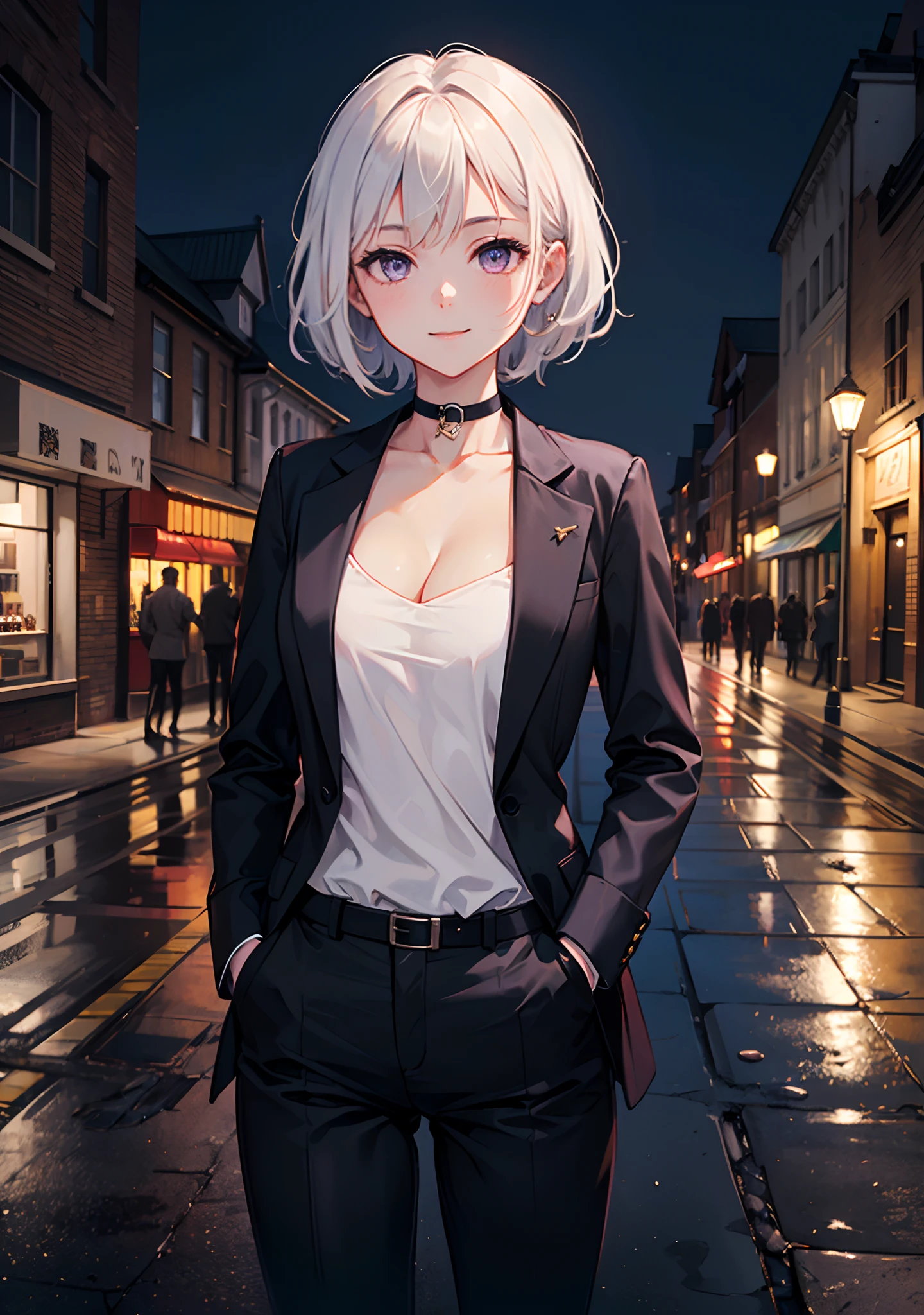 (masterpiece, best quality:1.2), cowboy shot, solo, 1girl, white hair, short wavy hair, purple eyes, average breasts, slender body, light smile, looking at viewer, hands in pockets, formal, suit, cleavage, black pants, choker, cityscape scenery, street, night light, night time