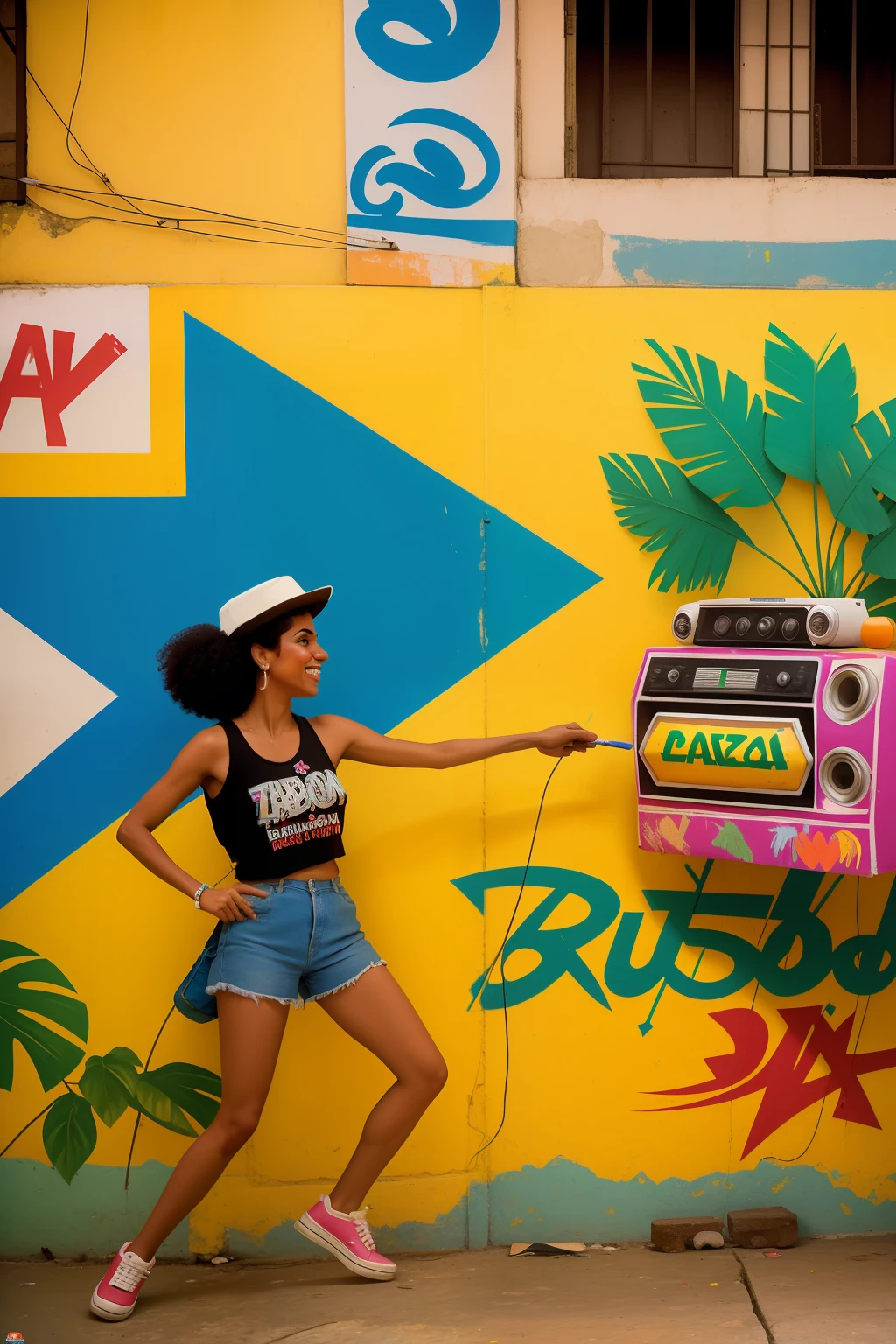 Date: 1987
Country: Brazil
Description: In a Rio de Janeiro art studio, an artist with colorful brushes and a boombox creates vibrant graffiti murals that reflect the exuberance of Brazilian culture.