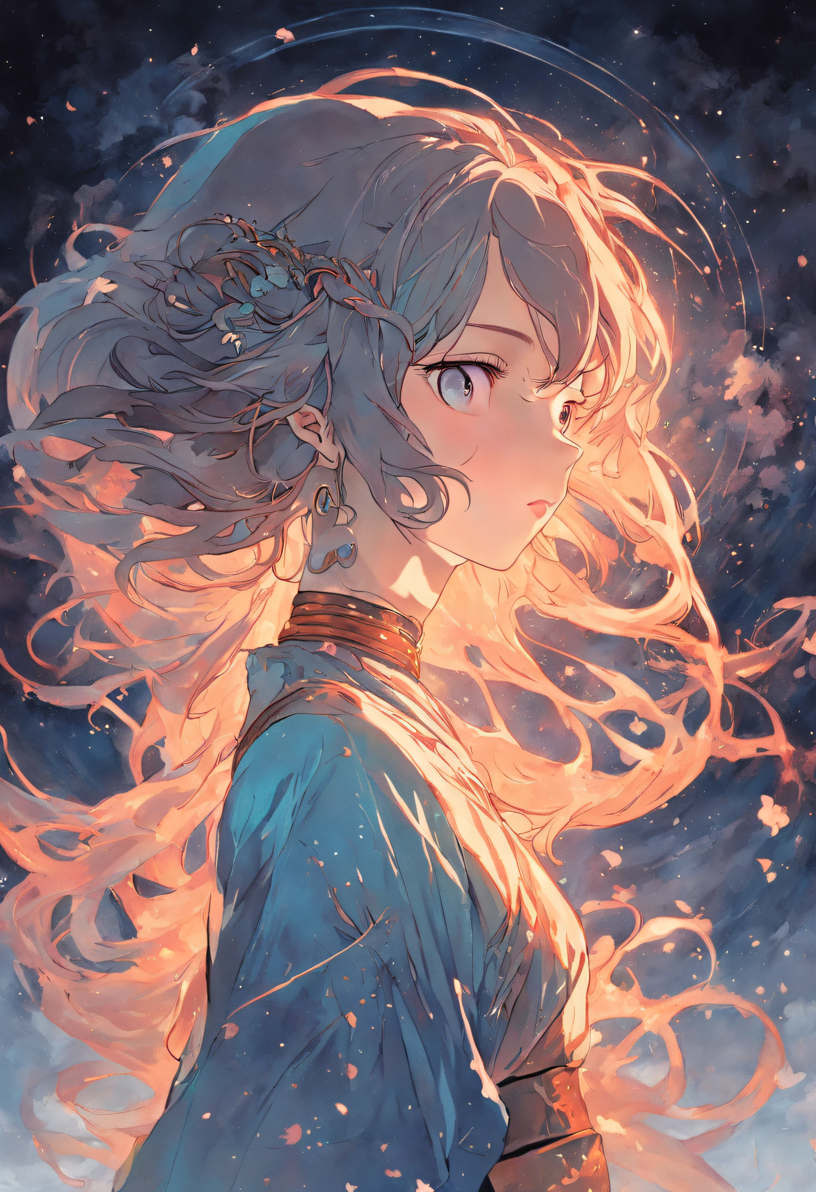 1 girl,woman,Looking down,Solo,The upper part of the body,european woman face portrait,with long coiled hair,Shiny skin, Detailed face, The robe has a pattern, Sumeru,Clouds, themoon,tarot card layout,Best quality, Masterpiece, (Realistic:0.6), Realistic lighting,Flower frame, Decorative panels, abstract artistic, Alphonse Mucha (tmasterpiece, best qualtiy, A high resolution: 1.4), A detailed, Complicated details, 4K,cerulean, Line art, Fibonacci