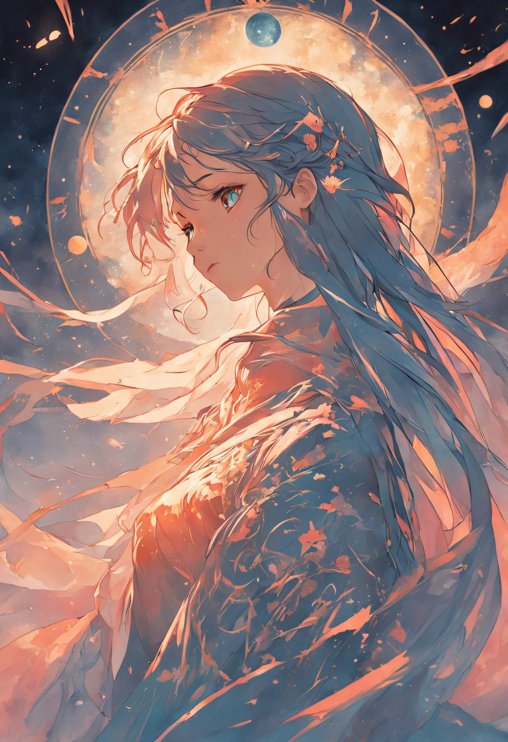 1 girl,woman,Looking down,Solo,The upper part of the body,european woman face portrait,with long coiled hair,Shiny skin, Detailed face, The robe has a pattern, Sumeru,Clouds, themoon,tarot card layout,Best quality, Masterpiece, (Realistic:0.6), Realistic lighting,Flower frame, Decorative panels, abstract artistic, Alphonse Mucha (tmasterpiece, best qualtiy, A high resolution: 1.4), A detailed, Complicated details, 4K,cerulean, Line art, Fibonacci