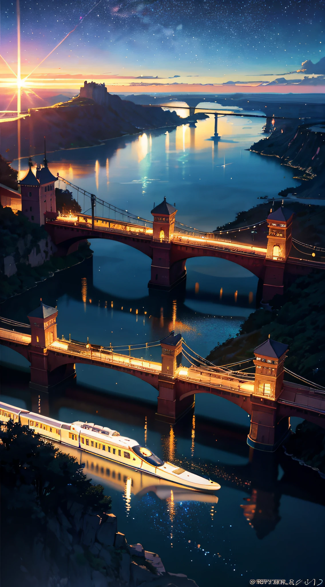 High quality masterpiece, landscape, anime train passing through bodies of water on tracks, bright starry sky. Romantic train, pixiv, concept art, lofi art style, reflection. by Makoto Shinkai, lofi art, Beautiful anime scene, Anime landscape, detailed scenery —width 672, in style of Makoto shinkai, style of Makoto shinkai, enhanced details.