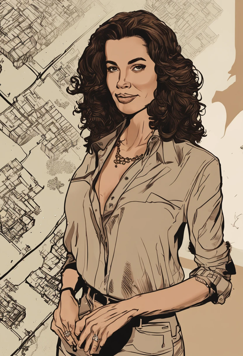 Gorgeous woman, The long, Long black curly hair, Wear a beige shirt, Wear jewelry and gold watches, front elevation (sitting inside a modern restaurant at night), Isabel Adjani, The is very detailed, 36 years old, l, with brown eye, 54 kg, 1.61 height, Business style, High-res, tmasterpiece, Best quality, intricately details, High Y detail, foco nítido, Detailed skins, realistic skin textures, textur,  詳細な目, professional, 4K, canon lens, 85mm, light depth of field, Kodak Fabson, A perfectly fitting body, extremely detaile, photore_\(Supergianthugebreasts\), fotorealistisch, hentail realism, post-proces, Maximum level of detail, Smoky Kate, reallife, ultra-realistic realism, photorealisti, photography of, 8K  UHD, photography of (Film Particle) Medium shot，Used for close-up atmospheric dark lighting, full bodyesbian