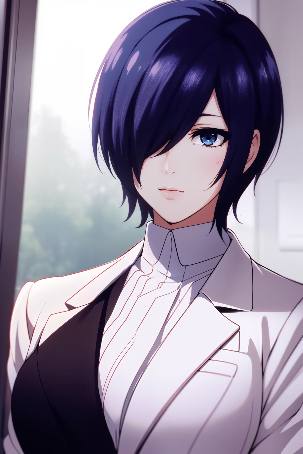 RAW photo, a portrait photo of woman, one of (high detailed skin:1.2), 8k uhd, dslr, soft lighting, high quality, film grain, Fujifilm XT3, white suit, ((blue eye)) , short hair, full body, wearing black pant