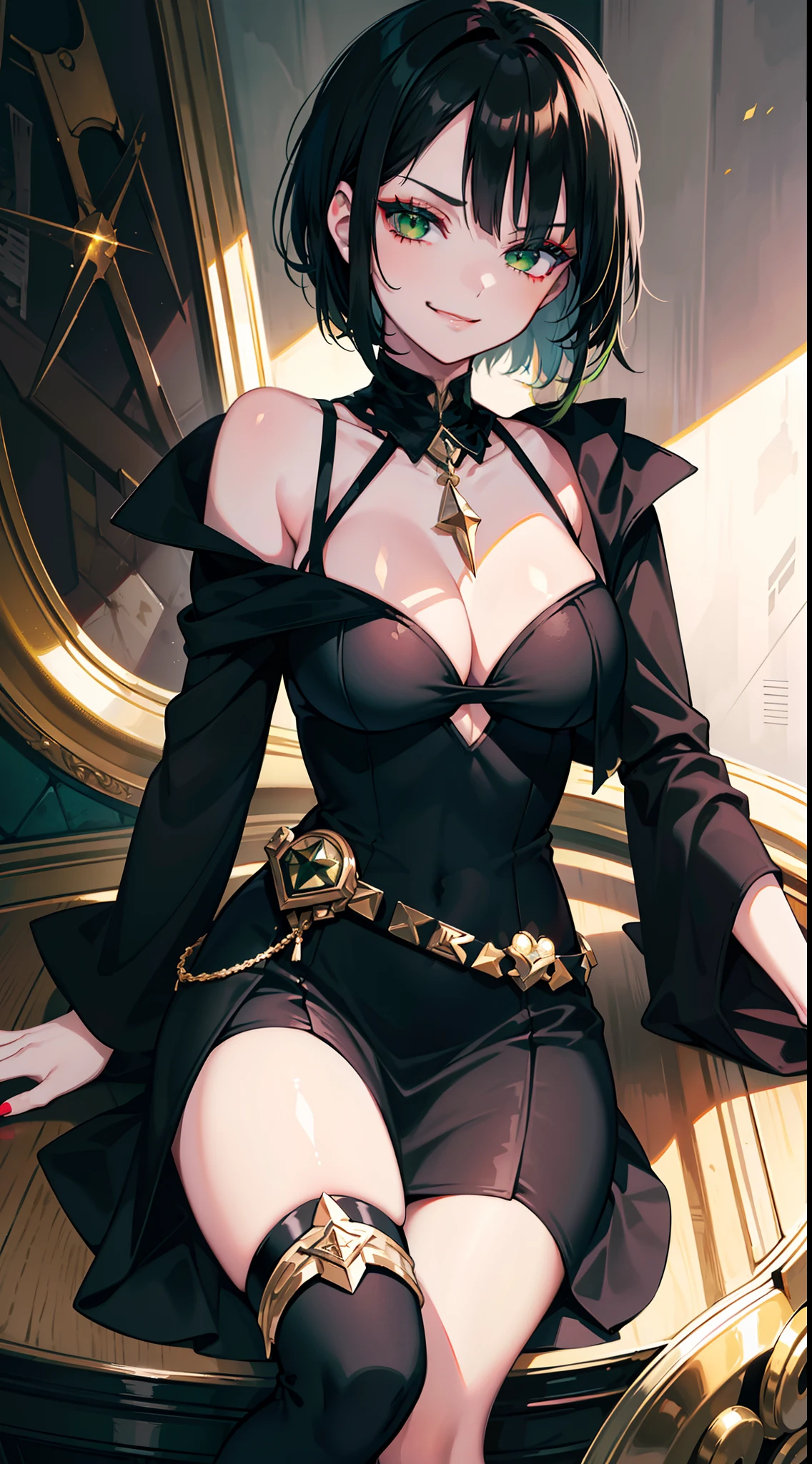 young girl, short black hair, Green eyes, black tight dress, Gold Elements, red elements, black eye shadow, Green lipstick, smirk, Masterpiece, hiquality