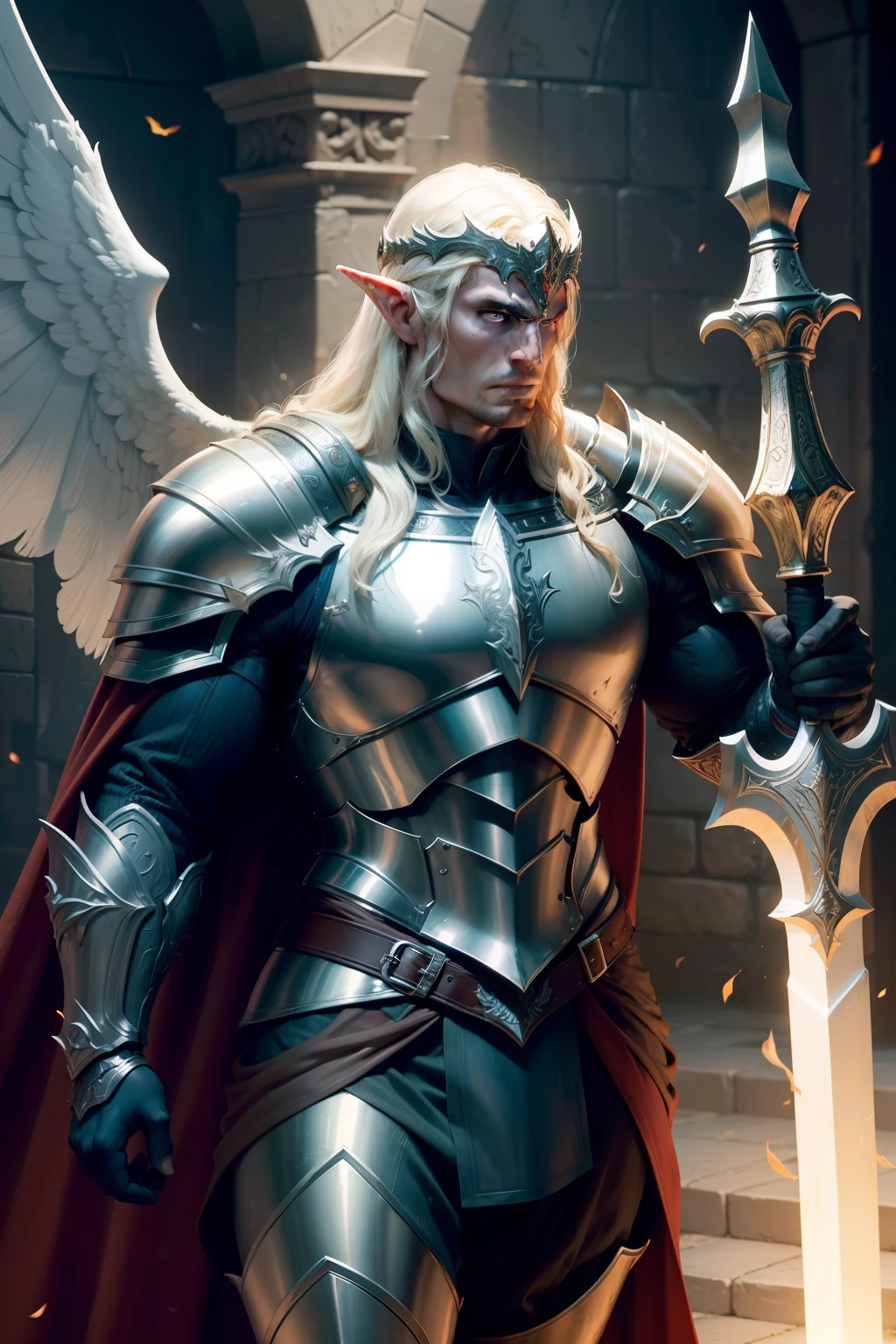 "Powerful and imposing muscular Elven Paladin adorned in gleaming full plate armor and holding a fiery sword aloft, exuding strength and confidence, reminiscent of Henry Cavill. Wearing a winged helmet