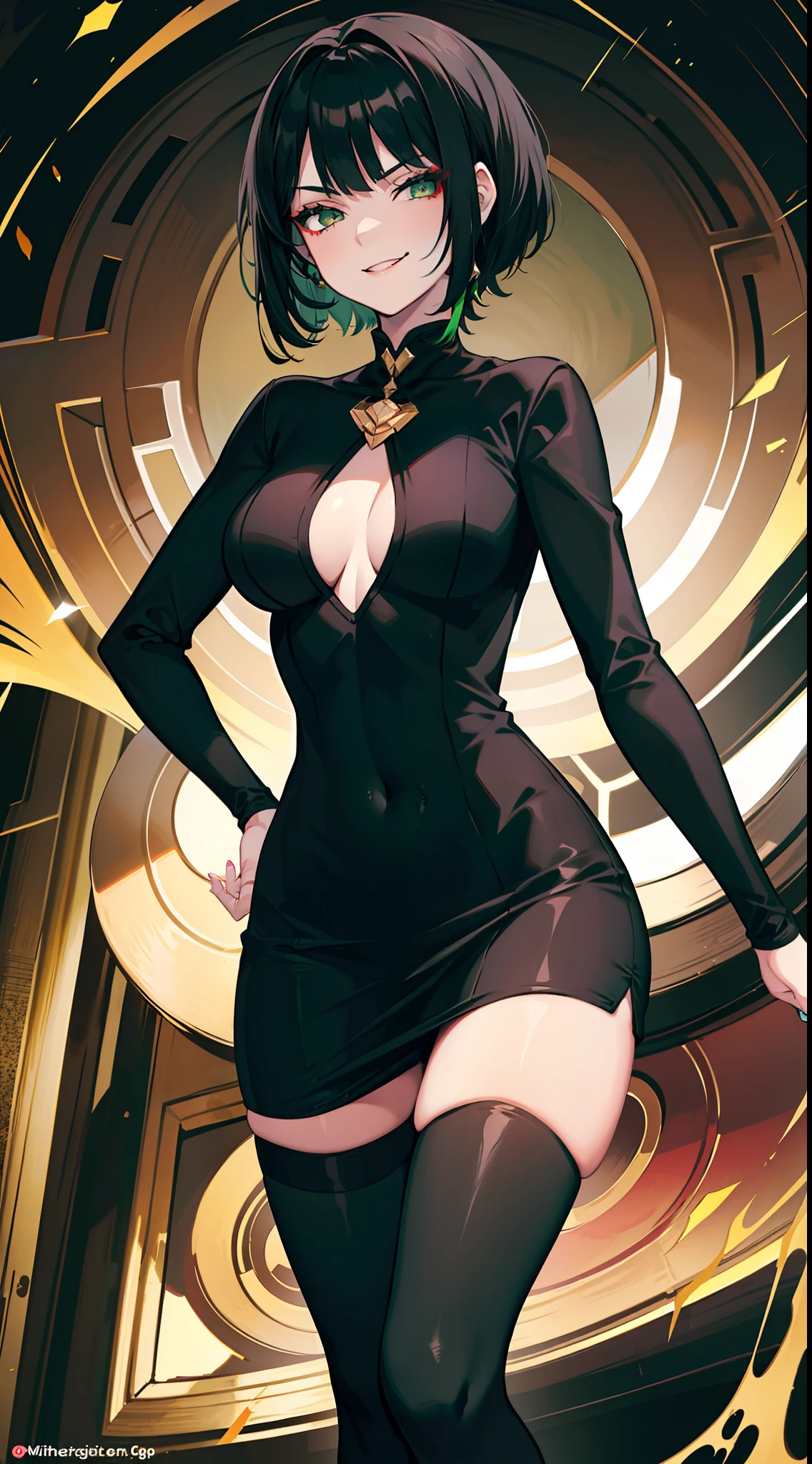 young girl, short black hair, Green eyes, black tight dress, Gold Elements, red elements, black eye shadow, Green lipstick, smirk, Masterpiece, hiquality