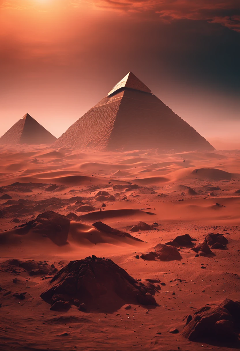 On Mars，The pyramids are towering，Sandstorms swept through，Inaccessible。Blood red sun，Huge planets hang high in the sky。{lonely，immensity，Empty}