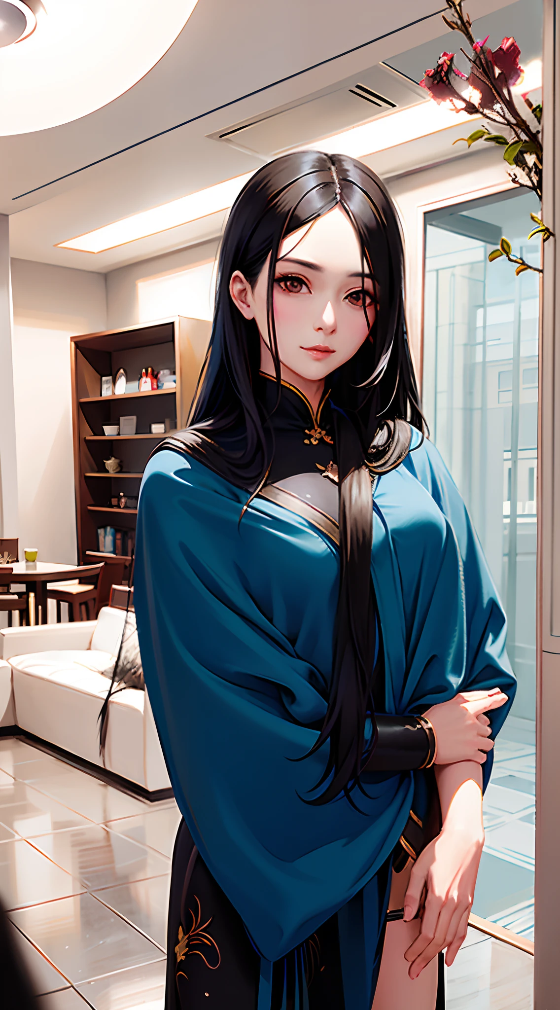 black-haired mage, Woman in black cheongsam, Complete, meticulous fan art, Exquisite and detailed Artgerm style, Elegant long-haired cape, Overlord's Albedo inspiration, in the art style of bowater, Long gorgeous black hair, Realistic style。