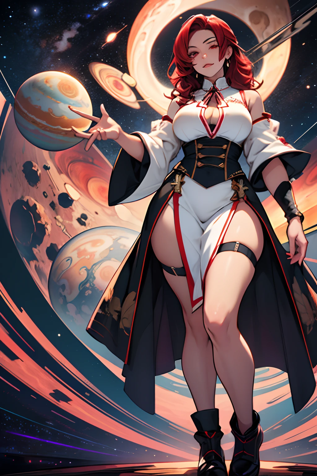 Full body shot, full body view, Jupiter is a big party, Dream like outer space backdrop of jupiter cresting as the satrun rises in the backdrop, Jupiter is a big girl, a Bavarian beer maiden servers loose blouse, shoulders bare, she is thick heavy set, very happy with red hair, she takes over the room.  With red eyes wearing a red eye patch, (red eye patch), Jupiter in the background, the solar system appears to revolve around her the life of the party. Dream like see all the other planents in Jupiters wake.