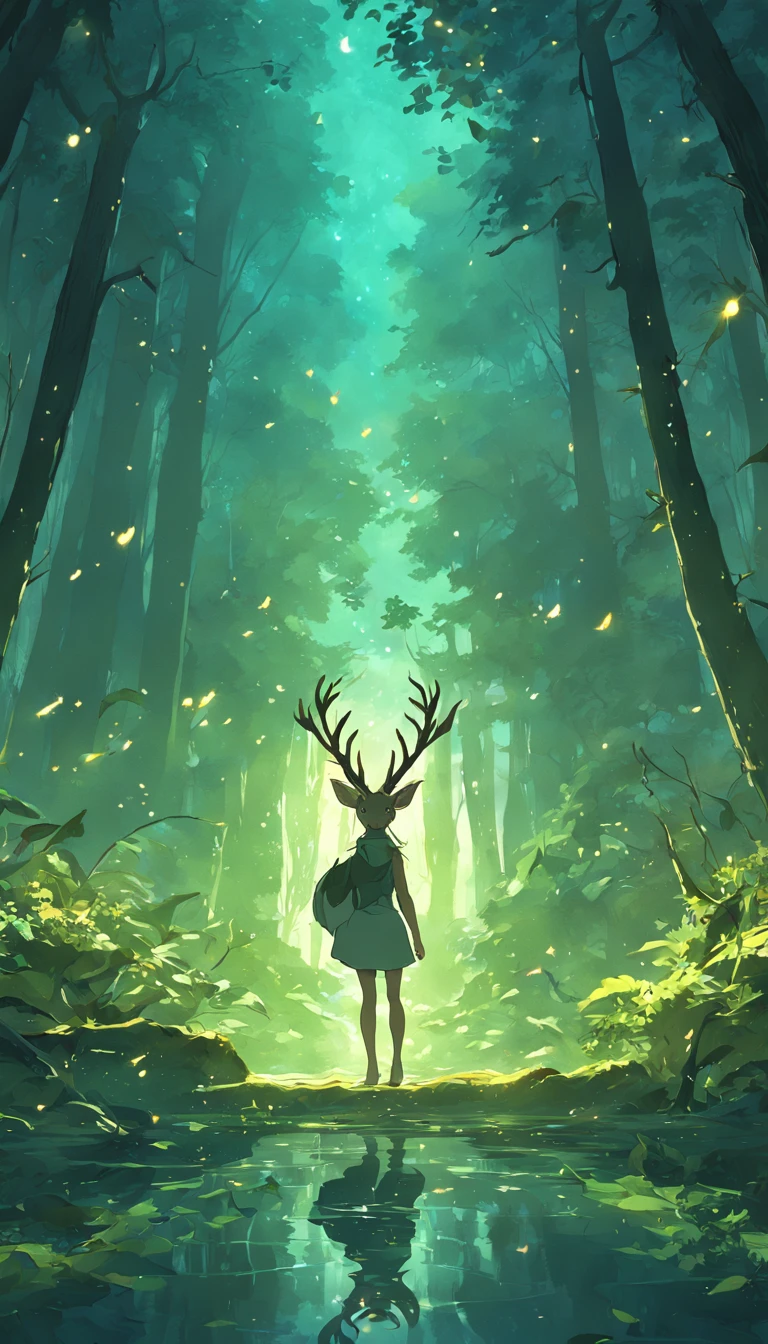 Masterpiece, best quality, (very detailed CG unified 8k wallpaper), (best quality), (best illustration), (best shadow), glowing elf with a glowing deer, drinking water in the pool, natural elements in forest theme. Mysterious forest, beautiful forest, nature, surrounded by flowers, delicate leaves and branches surrounded by fireflies (natural elements), (jungle theme), (leaves), (branches), (fireflies), (particle effects) and other 3D, Octane rendering, ray tracing, super detailed , deer