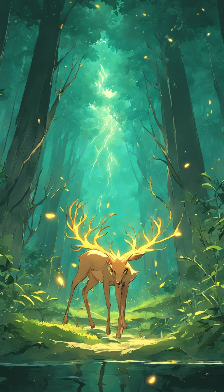 Masterpiece, best quality, (very detailed CG unified 8k wallpaper), (best quality), (best illustration), (best shadow), glowing elf with a glowing deer, drinking water in the pool, natural elements in forest theme. Mysterious forest, beautiful forest, nature, surrounded by flowers, delicate leaves and branches surrounded by fireflies (natural elements), (jungle theme), (leaves), (branches), (fireflies), (particle effects) and other 3D, Octane rendering, ray tracing, super detailed , deer