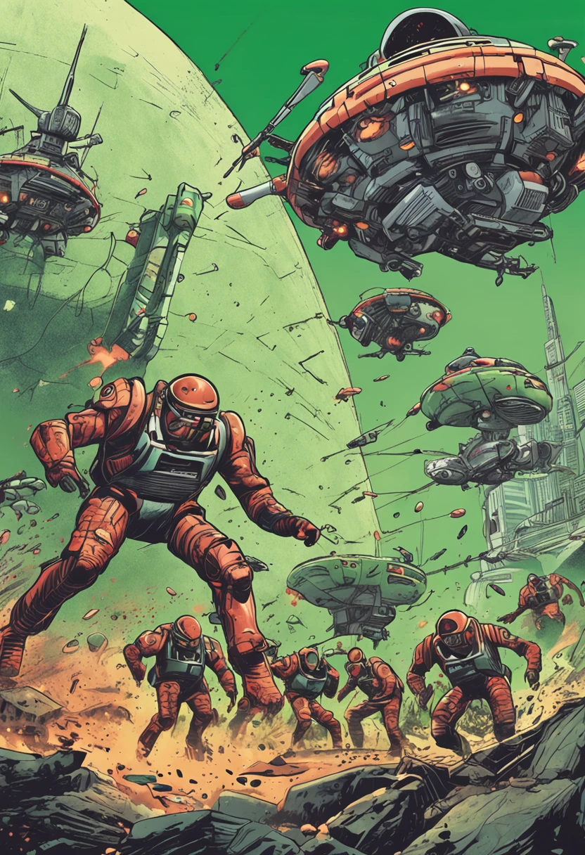 army of ai machinea fighting flying saucers, green alien men, attacking new york