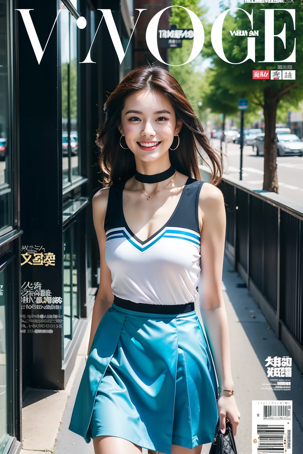 (8K分辨率,Photos above the knee in the distance,offcial art,Cover of a,(FashionMagCover:1.4),attention-grabbing,Oversized title font,Catchy,The title is larger,More eye-catching,modern day),(1womanl,20yr old,(Facial features of Thai Aom:1.8,s delicate face),Lovely face,com rosto detalhado,详细的脸,Jet-black slightly curly hair,(Fluffy and messy, with layers),Redlip,Fair smooth skin,(Fashionable casual womenswear:1.4,(Sleeveless slip T-shirt(The bandeau is light and thin,breathable),pleatedskirt(obi strip,Delicate satin),Short waist long version,V-neck shirt,choker necklace,Formal shirts,校服,a skirt,suspender stockings),Tall and tall,walk,Embrace nature,perfect hand,Ultra-fine clothing material),(Background in the city,Exquisite environmental details,MagazineCover:1.4),(exhilarated,confident smile,Rejoice),(Cover typography,profesional lighting,动态照明),((Strong color contrast,(black in color,blue colors,red colour))),(Golden section,Cover of a,low angle shot,Dynamic photography,Hasselblad photograp,tmasterpiece:1.3),(trendsetting,focus-on,vogue cover,Dynamic street art,Art platform)
