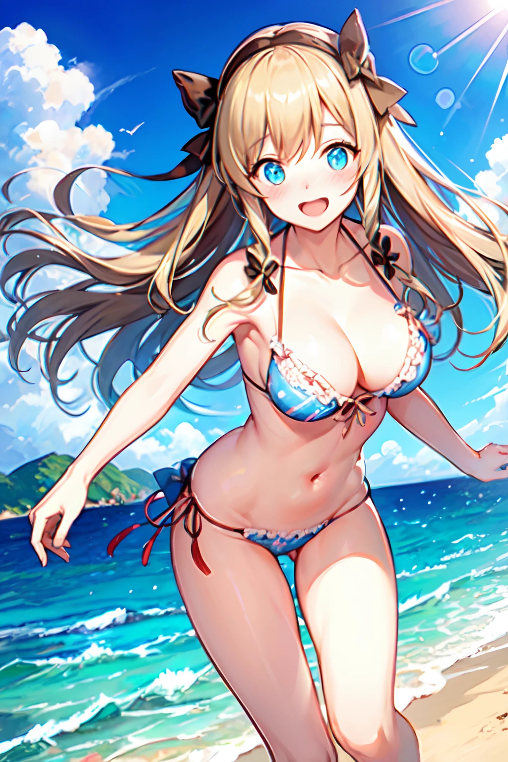 Masterpiece, best quality, Yukka Ende, ((blush, embarrassed)), open mouth, outside, sky, day, ocean, perfect lighting, red small hair bows, blue eyes, 1girl, solo, no swimsuit, on beach, loli, middle chest, nsfw, swimsuit pull, nipples, pussyshot, accidental exposing, surprising, undressing, (completely naked), pussy, dynamic angle, dynamic pose