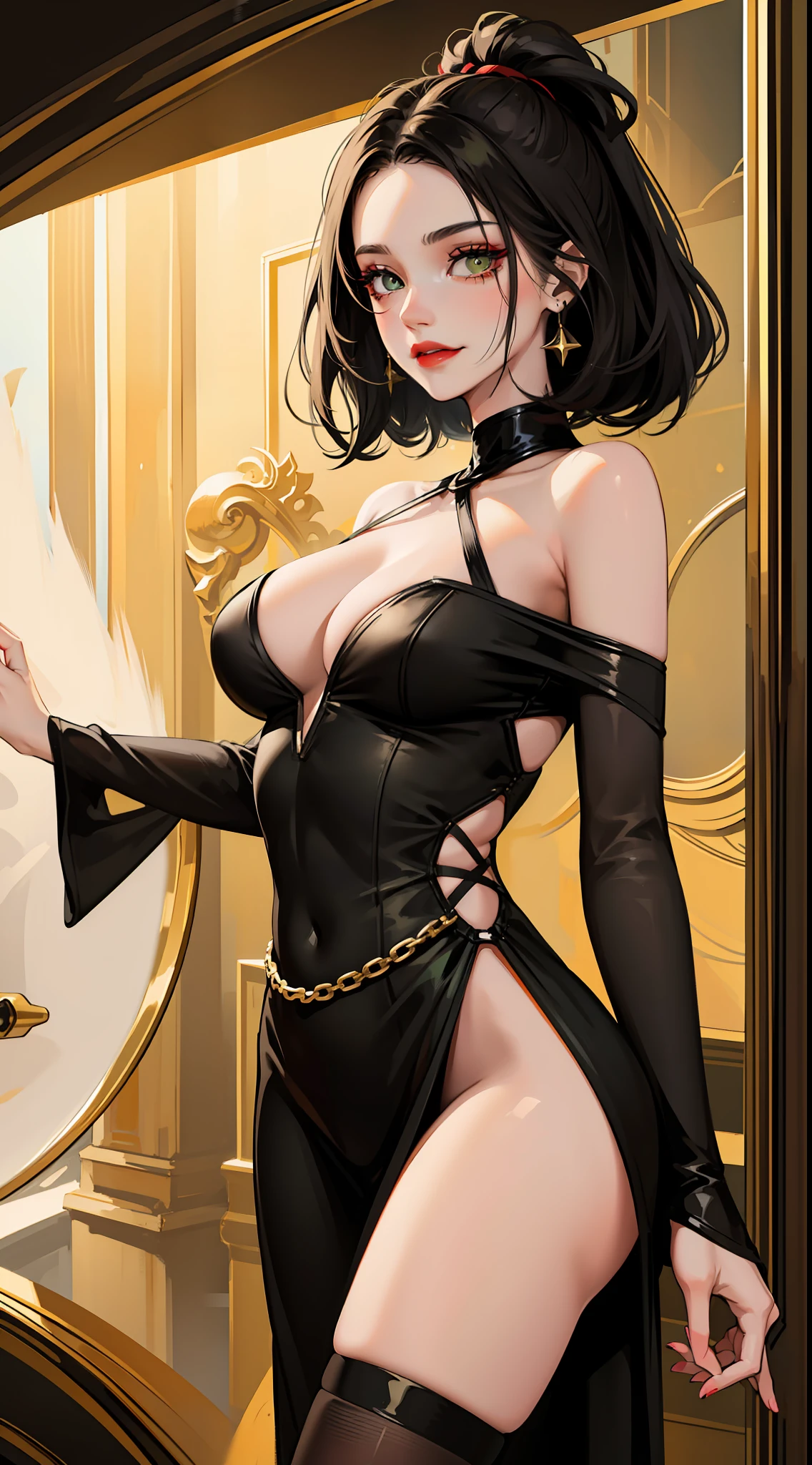 (masterpiece:1.2),(Highest quality),(Very detailed),(High resolution),8k,wallpaper,1 girl,Beautiful female hands,Fine hand,the goddess is standing,Big Breasts,front,look at me,A lewd and vulgar smile,dress,Romanticism-inspired designs and patterns,(((hands))),(Beautiful female hands),(Detailed hands)