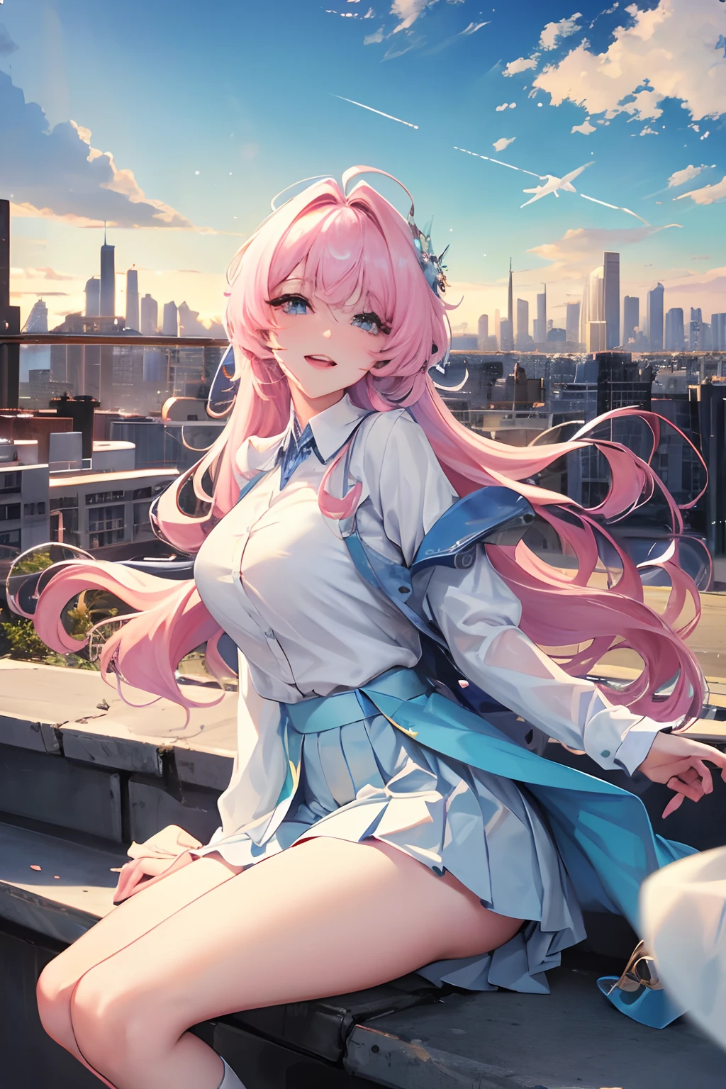 Official fine art，tmasterpiece，Sharp focus，（Beautiful gorgeous lovely Korean women：1.3），（beautiful lovely Korean people：1.3），South Korean beauties，Delicate and beautiful hair and eyes and face，realisticlying，ultra - detailed，a beauty girl，blue-sky，Glowing white particles,(sidelighting:1.2),rays of sunshine,baiyun,Detailed clouds,Slender,Cute big breasts and big buttocks,Toothy laughter,((Laugh and open your eyes)),scenecy,Long straight hair, sexy facial expression, buliding, (cityscape:1.7), Dynamic hair, Long straight hair, Delicate platinum-pink hair, glow blue eyes, (blue pleated shirt+white  skirt), long white socks, paleskin, hair adornments, epic landscapes,Pink the  bikini