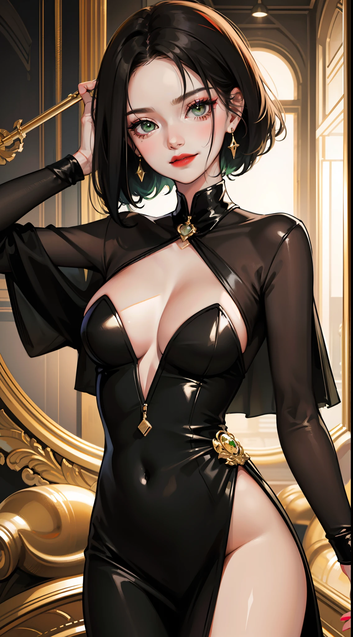young girl, short black hair, Green eyes, black tight dress, Gold Elements, red elements, black eye shadow, Green lipstick, smirk, Masterpiece, hiquality