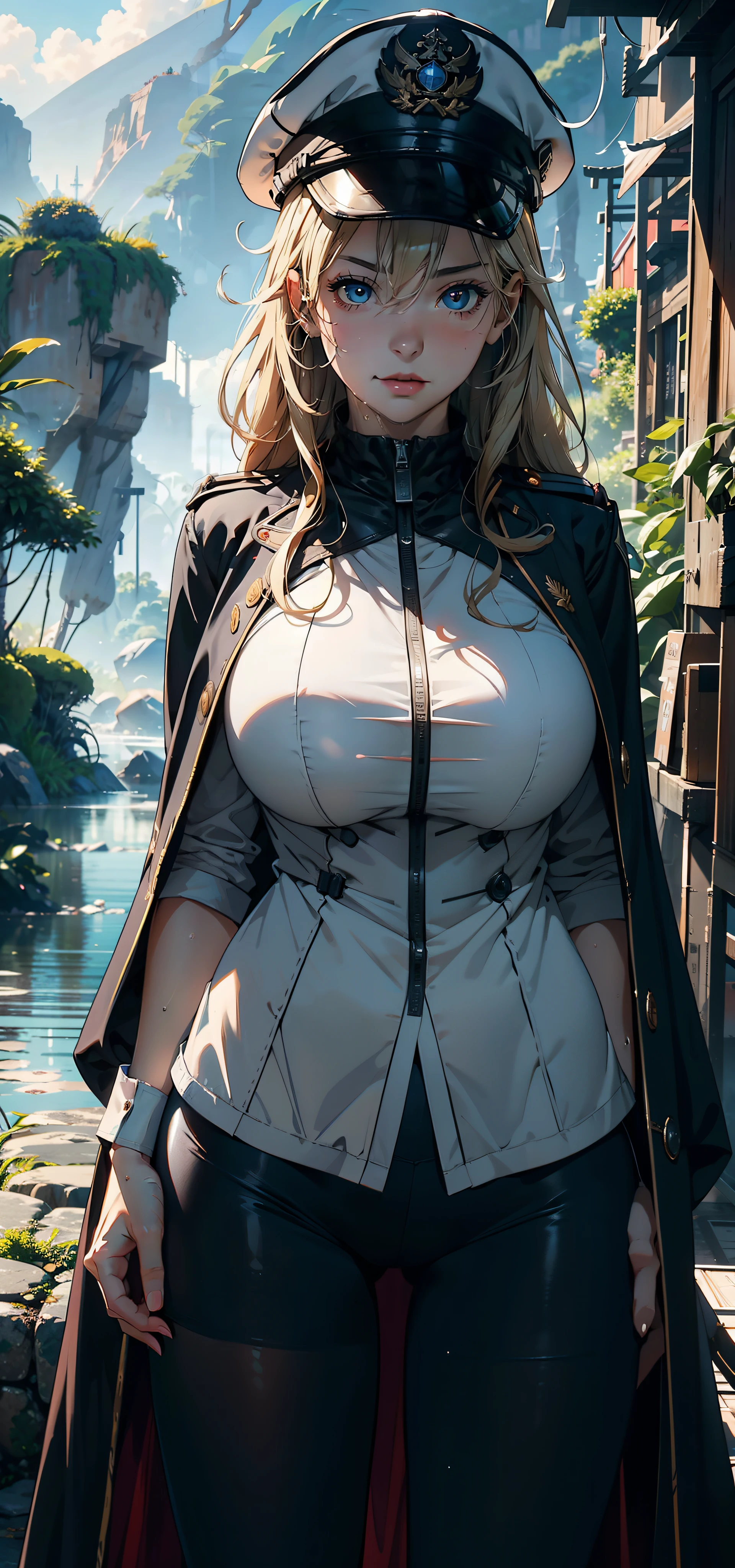 1female,35yo,huge-breasted,long leges,Pornographic exposure, 独奏,(Background with:hilltop,the rainforest,in summer,Standing water on the ground,exteriors) Feel free to hairstyle,Stride,Sweat profusely,drenched all over the body,seen from the front,Long blonde hair , mostly cloudy sky,(((tmasterpiece),(Very detailed CG unity 8K wallpaper),best qualtiy,cinmatic lighting,detailed back ground,beatiful detailed eyes,Bright pupils,(Very fine and beautiful),(Beautiful and detailed eye description),ultra - detailed,tmasterpiece,)),face to the viewer,frontage,A high resolution,ultra - detailed)nakeness,Wipe off panties,revealing breasts,Bare genitalia, Bulge,Camel toes,Raised sexy,Lewd expression,Flushed complexion,Open-mouthed,frontage,military officer,military hat,(Wearing:White shirt,Pantyhose,Cloak)ssmile,cyber punk perssonage