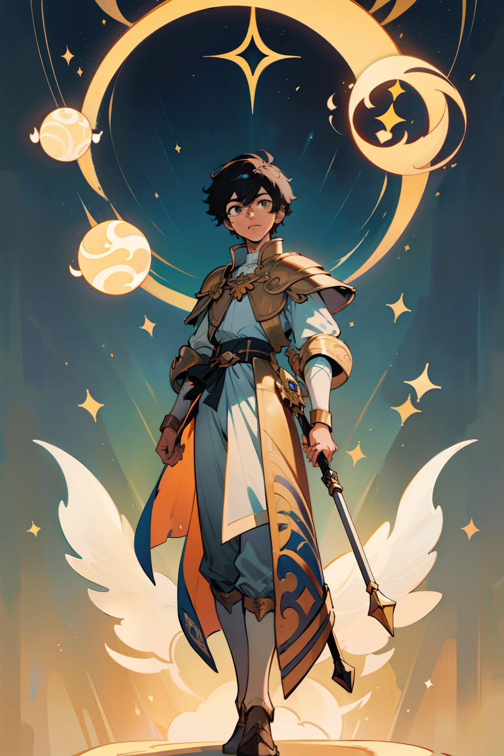 ((masterpiece - artwork - detailed - best quality)) - anime style - genshin impact style - 1 man - full body - male - black hair - brown eyes - iris with golden light - celestial aspect - cleric - big arm shield - religious scepter hand - white tunic - blue clothes - plate armor - golden details - forest - standing - levitating in the air - magical aura - stone path - fence - stone - broken
