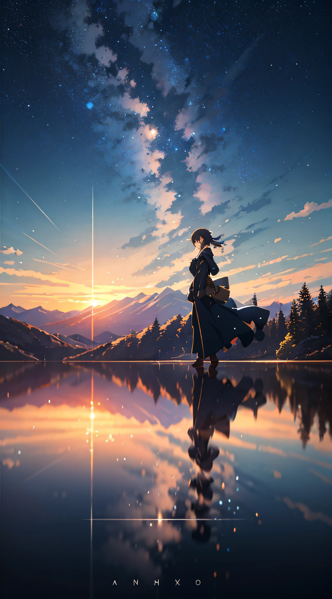 High quality masterpiece, landscape, anime train passing through bodies of water on tracks, bright starry sky. Romantic train, pixiv, concept art, lofi art style, reflection. by Makoto Shinkai, lofi art, Beautiful anime scene, Anime landscape, detailed scenery —width 672, in style of Makoto shinkai, style of Makoto shinkai, enhanced details.