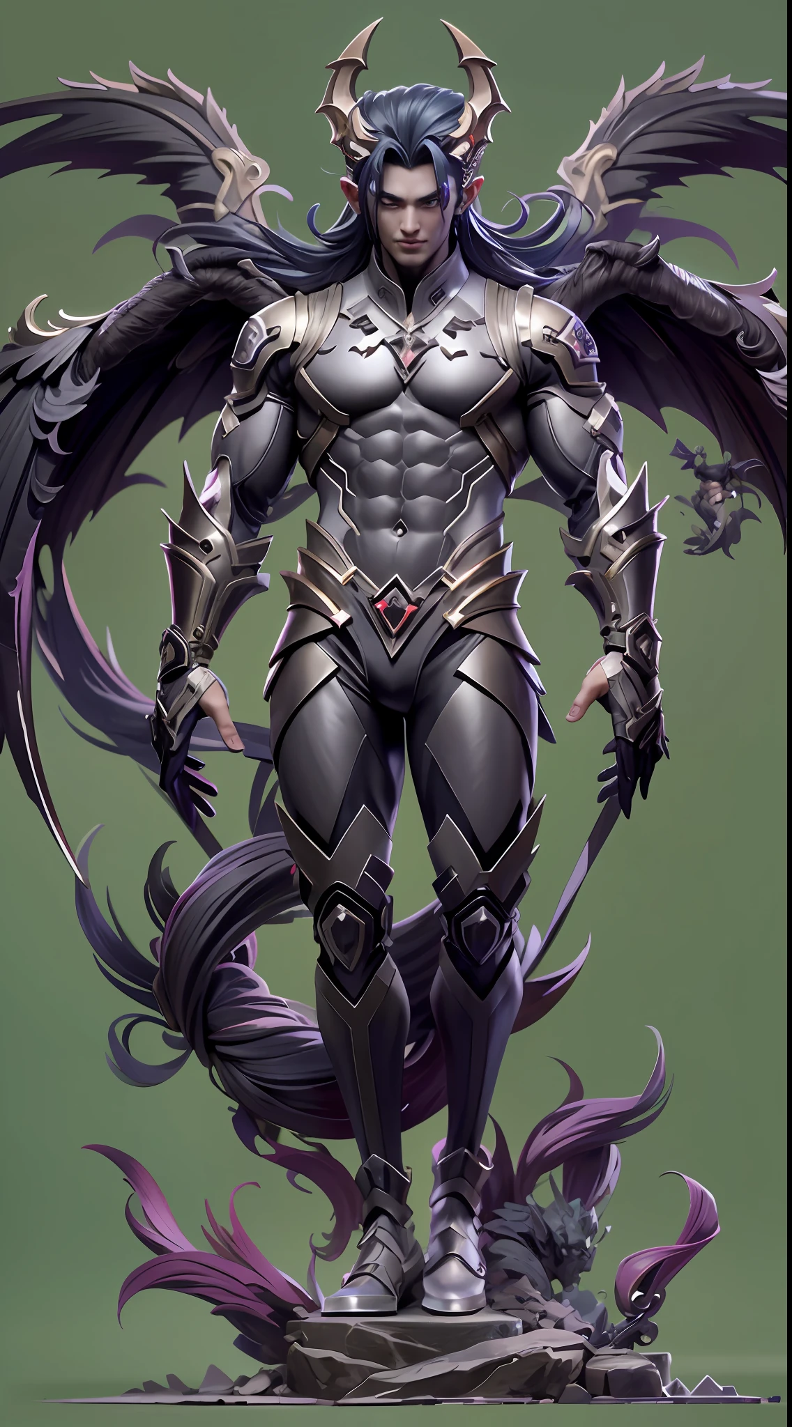 Sculpture design，Figures，GK model，The whole body of the character，Handsome demon，satan，sexy for，（Seductive action）Wings，Handsome，Expose muscles，base，Wu Yifan，Handsome cybernetic boy looking at camera lingerie detailed muscular reality masterpiece，musculous