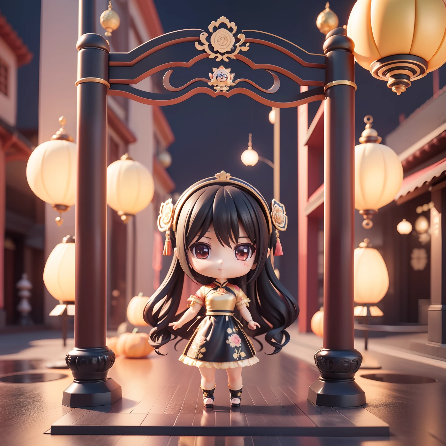 (((chibi3d))) (best quality), (masterpiece) chibi anime deformed style, Black hair two chinions,BODYLINE Collection 1 Women's China Dress, Cheongsam Dress, Cosplay, Halloween, Costume,The background is Yokohama Chinatown,Xiaolongbao,Drink tea.