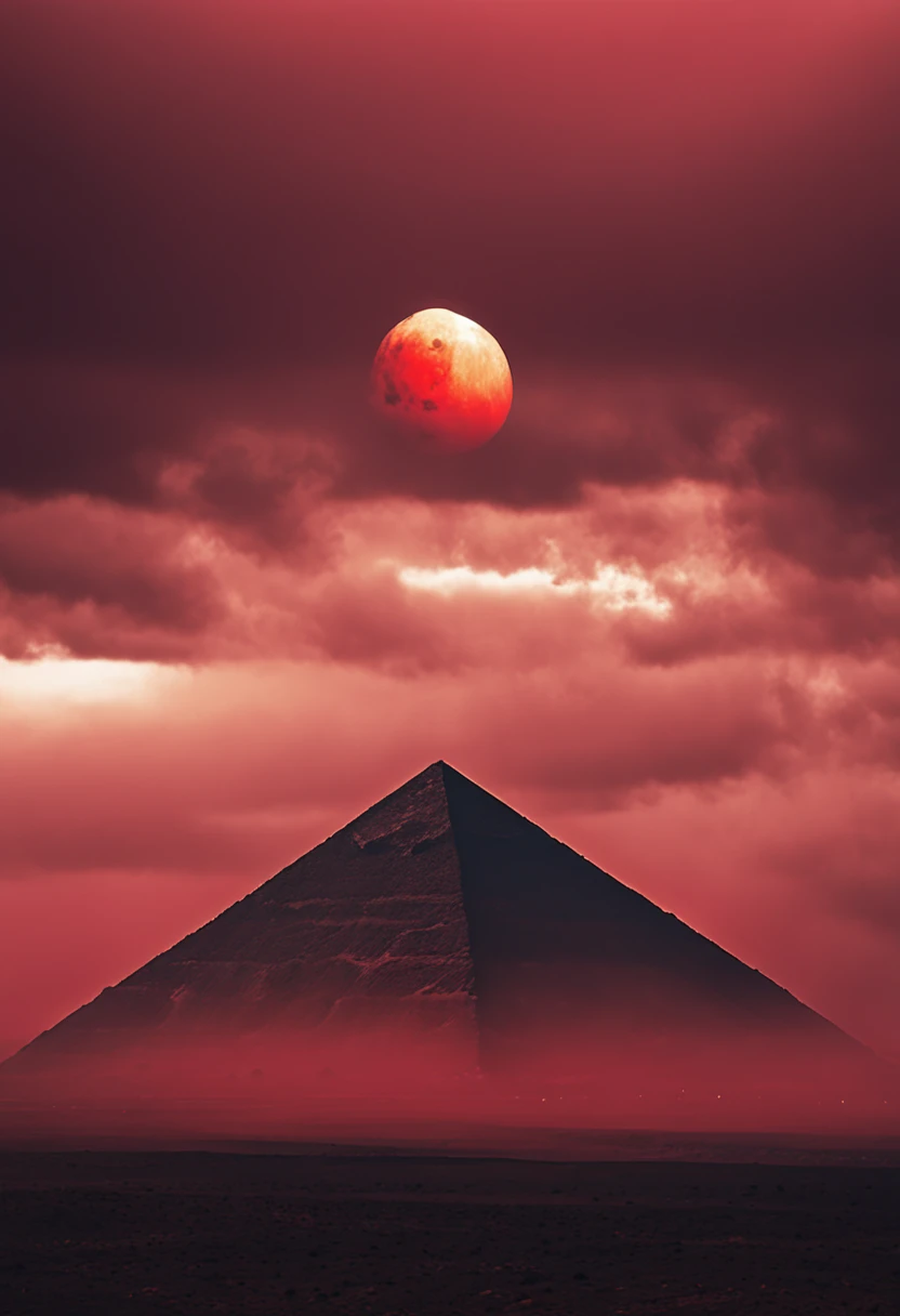 "Under the blood-red sun on Mars,The pyramid rises high into the clouds,A roaring flame shines around the sun:1.2,The huge red planet in the sky instantly caught my eye:1.5。{lonely,immensity,Empty},The pyramids are majestic and huge:1.3"