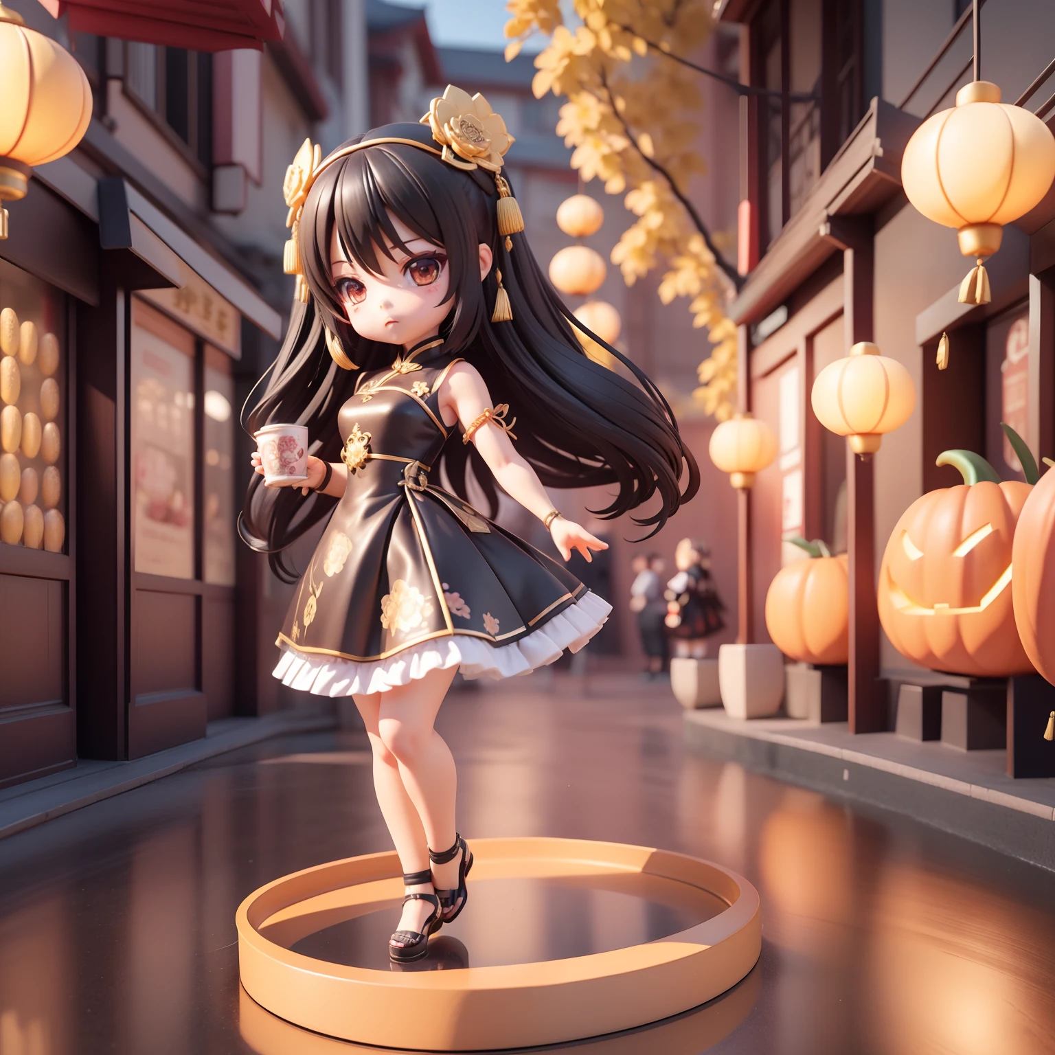 (((chibi3d))) (best quality), (masterpiece) chibi anime deformed style, Black hair two chinions,BODYLINE Collection 1 Women's China Dress, Cheongsam Dress, Cosplay, Halloween, Costume,The background is Yokohama Chinatown,Xiaolongbao,Drink tea.