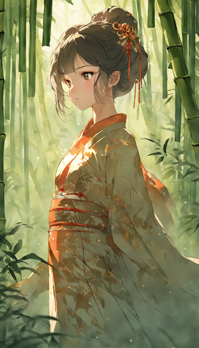 "Create a breathtaking masterpiece with the highest quality and ultra-detailed 8k resolution. Depict a charming girl adorned in an elegant ancient Chinese dress against a backdrop of lush bamboo trees."