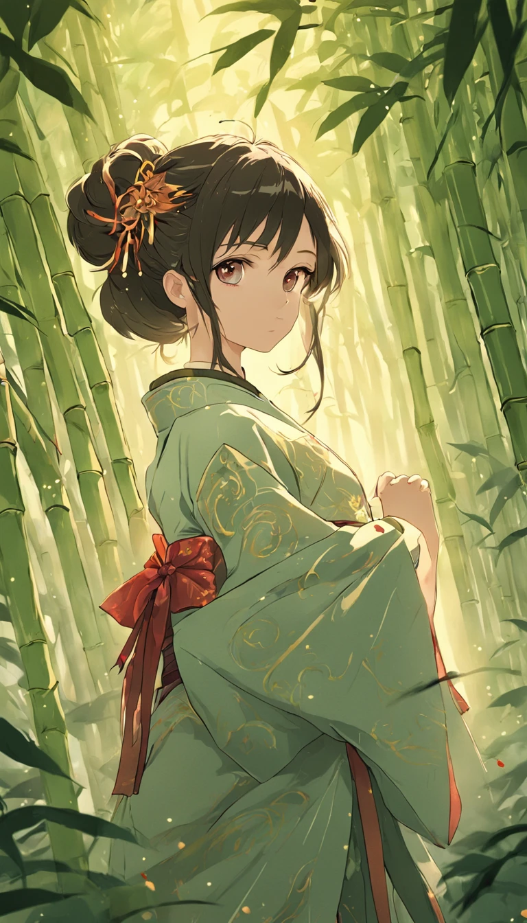 "Create a breathtaking masterpiece with the highest quality and ultra-detailed 8k resolution. Depict a charming girl adorned in an elegant ancient Chinese dress against a backdrop of lush bamboo trees."