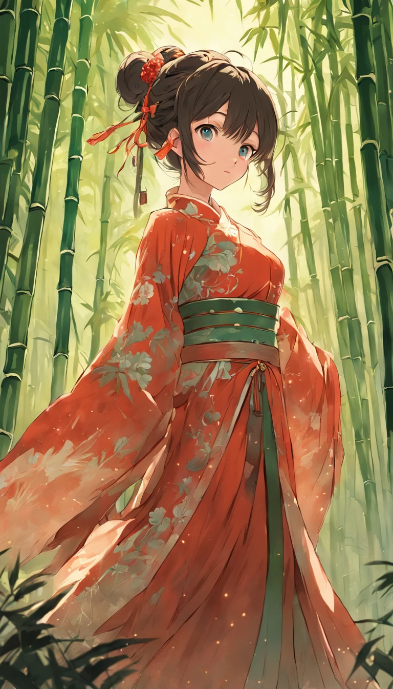 "Create a breathtaking masterpiece with the highest quality and ultra-detailed 8k resolution. Depict a charming girl adorned in an elegant ancient Chinese dress against a backdrop of lush bamboo trees."