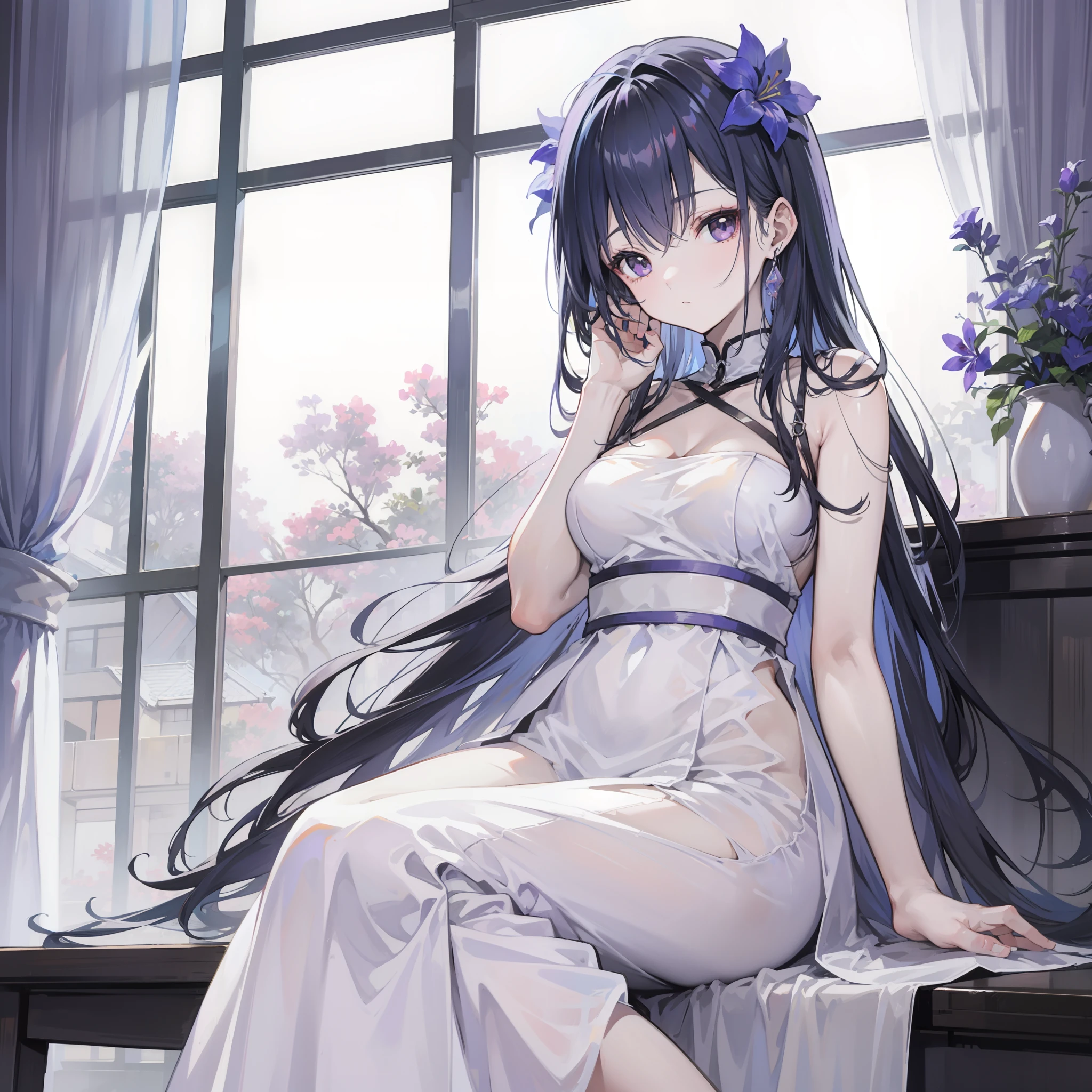 ((An anime girl)),sitting beside the window,Long black hair with head flowers,Light purple long dress,Black eyes