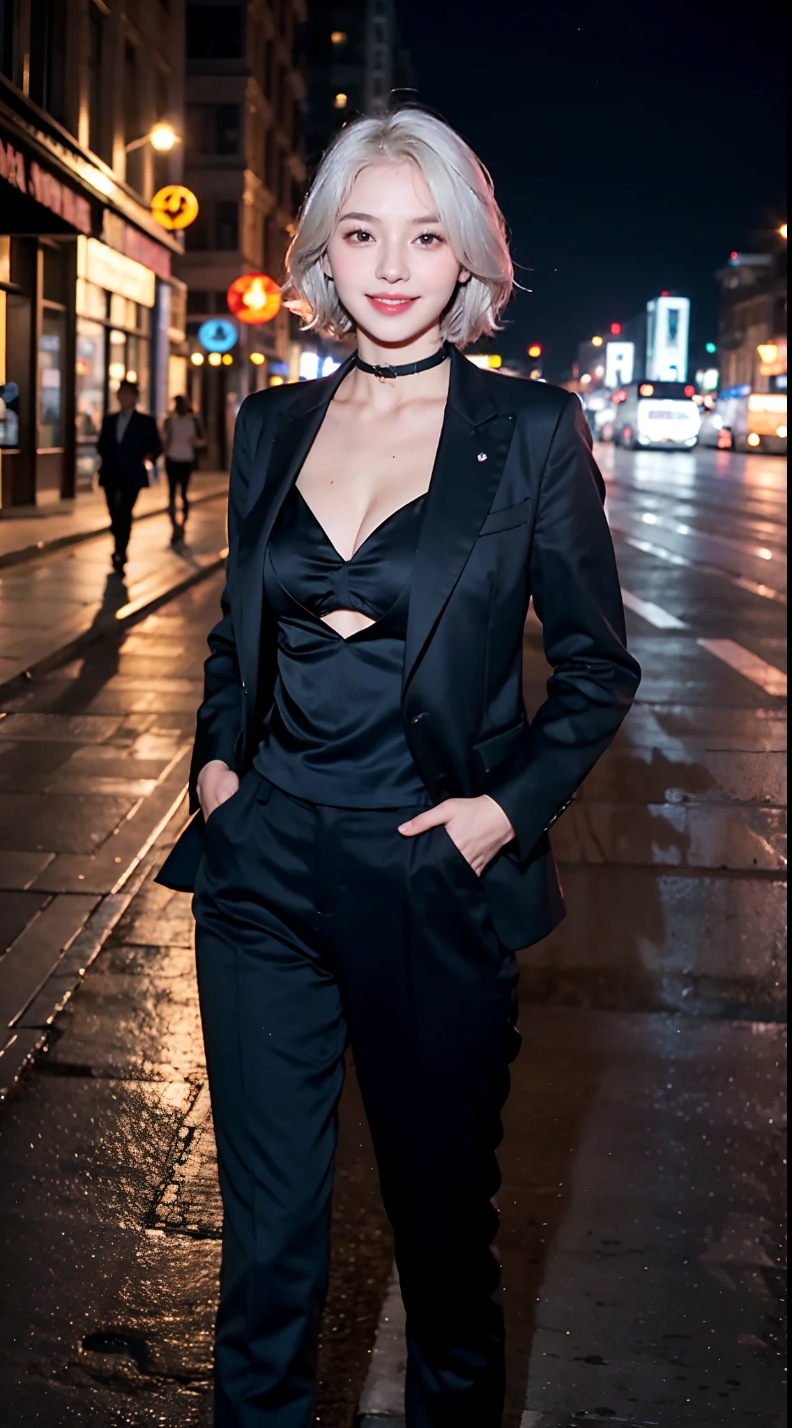 (masterpiece, best quality:1.2), cowboy shot, solo, 1girl, realistic white hair, short wavy hair, purple eyes, average breasts, slender body, light smile, looking at viewer, hands in pockets, formal, suit, cleavage, black pants, choker, cityscape scenery, street, night light, night time