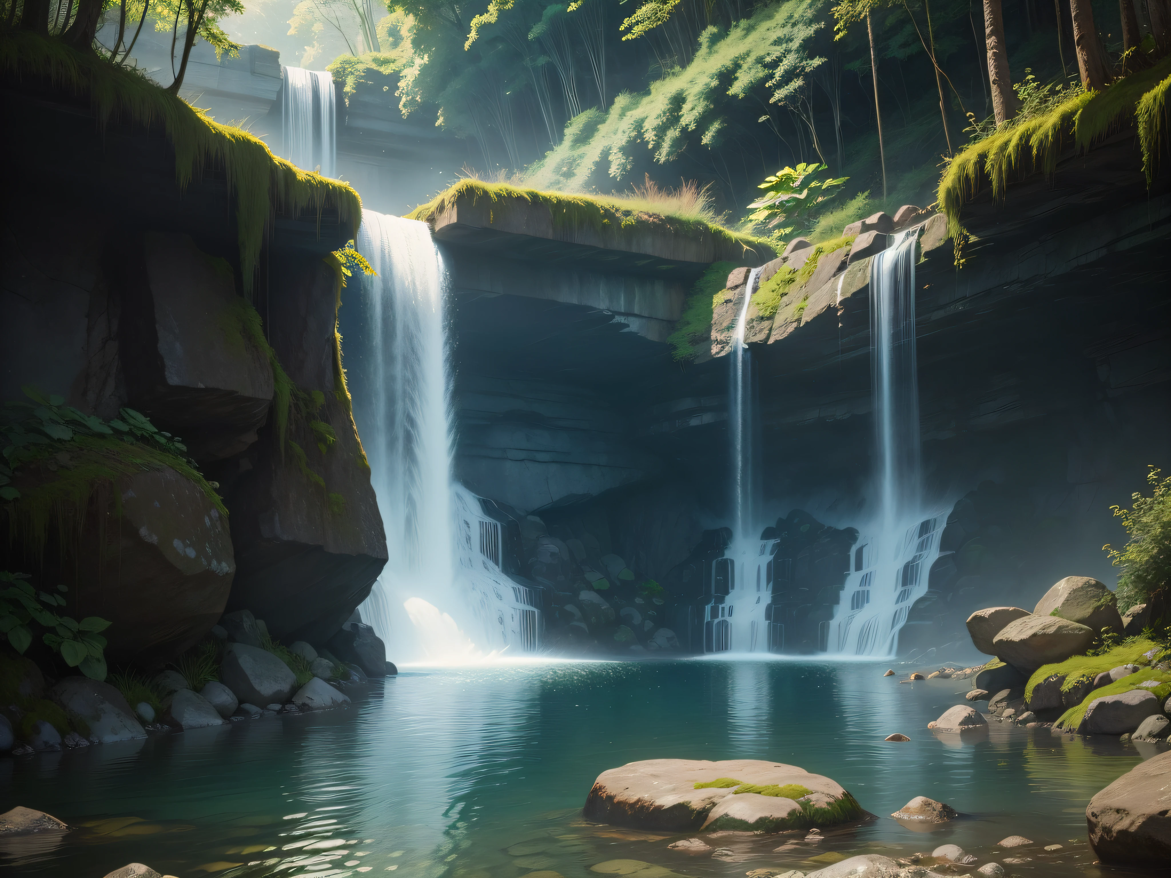 Whispering Waterfalls: A cascading waterfall surrounded by lush greenery, capturing the ethereal beauty of water meeting rock in a symphony of nature's tranquility.