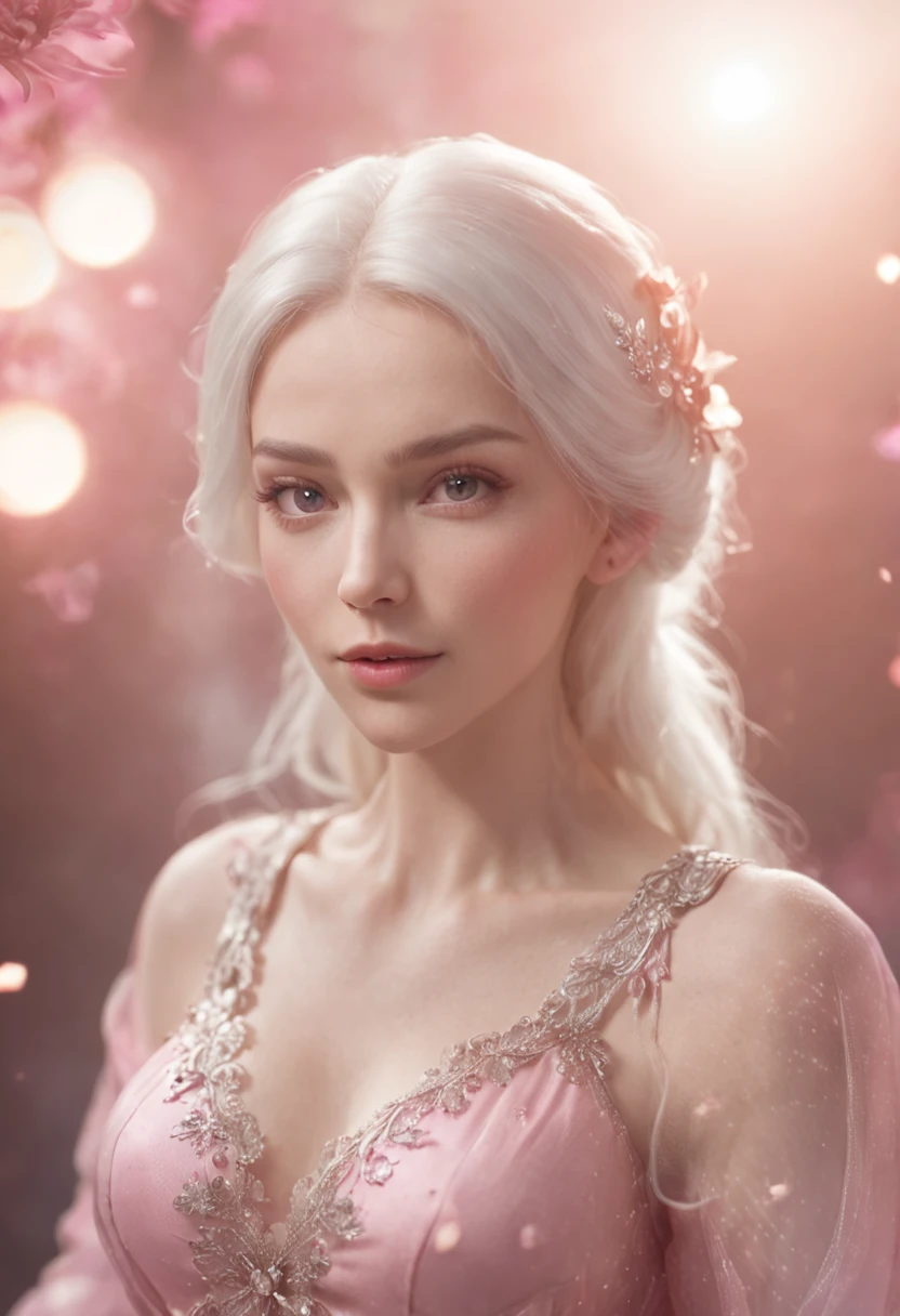blond woman with white hair and glowing lights in a pink dress, beautiful digital artwork, fantasy gorgeous lighting, gorgeous digital art, stunning digital illustration, digital fantasy art ), 3 d render character art 8 k, a stunning young ethereal figure, 4k highly detailed digital art, ethereal fantasy, very beautiful digital art, beautiful digital art, fantasy digital art, digital fantasy art