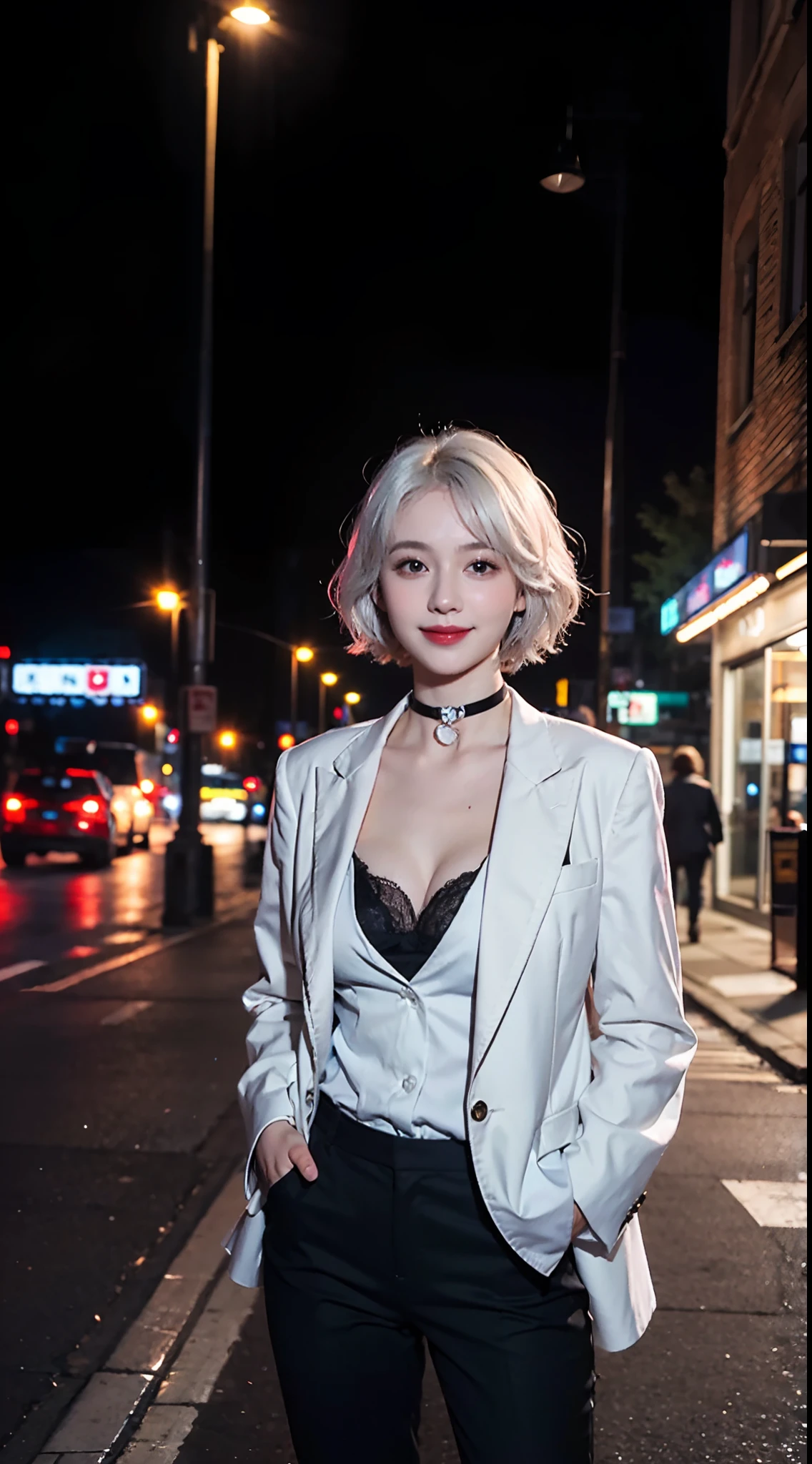 (masterpiece, best quality:1.2), cowboy shot, solo, 1girl, realistic white hair, short wavy hair, purple eyes, average breasts, slender body, light smile, looking at viewer, hands in pockets, formal, suit, cleavage, black pants, choker, cityscape scenery, street, night light, night time