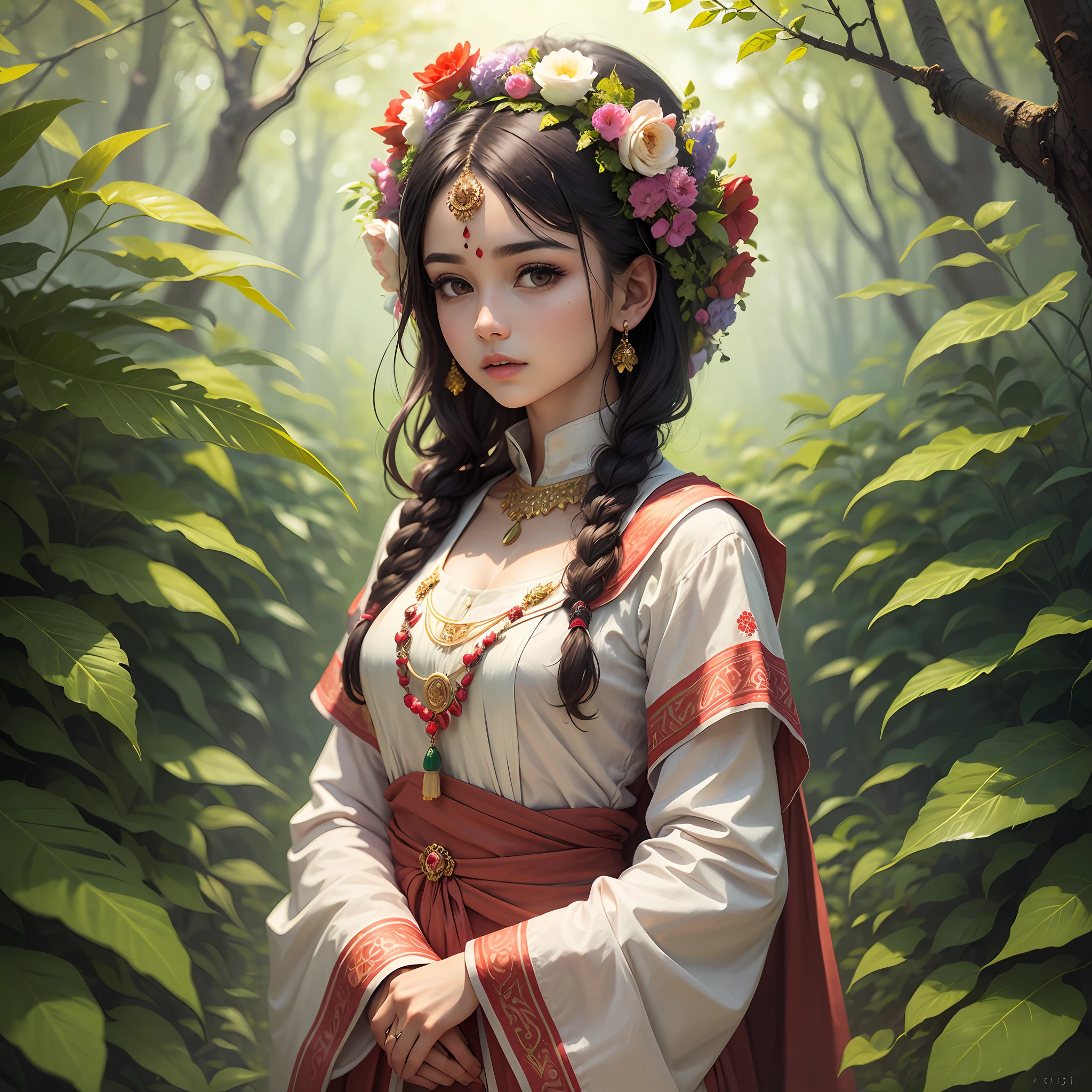 a girl in indian traditional dress with flower stand in forest,realistic,magical,masterpiece --auto --s2