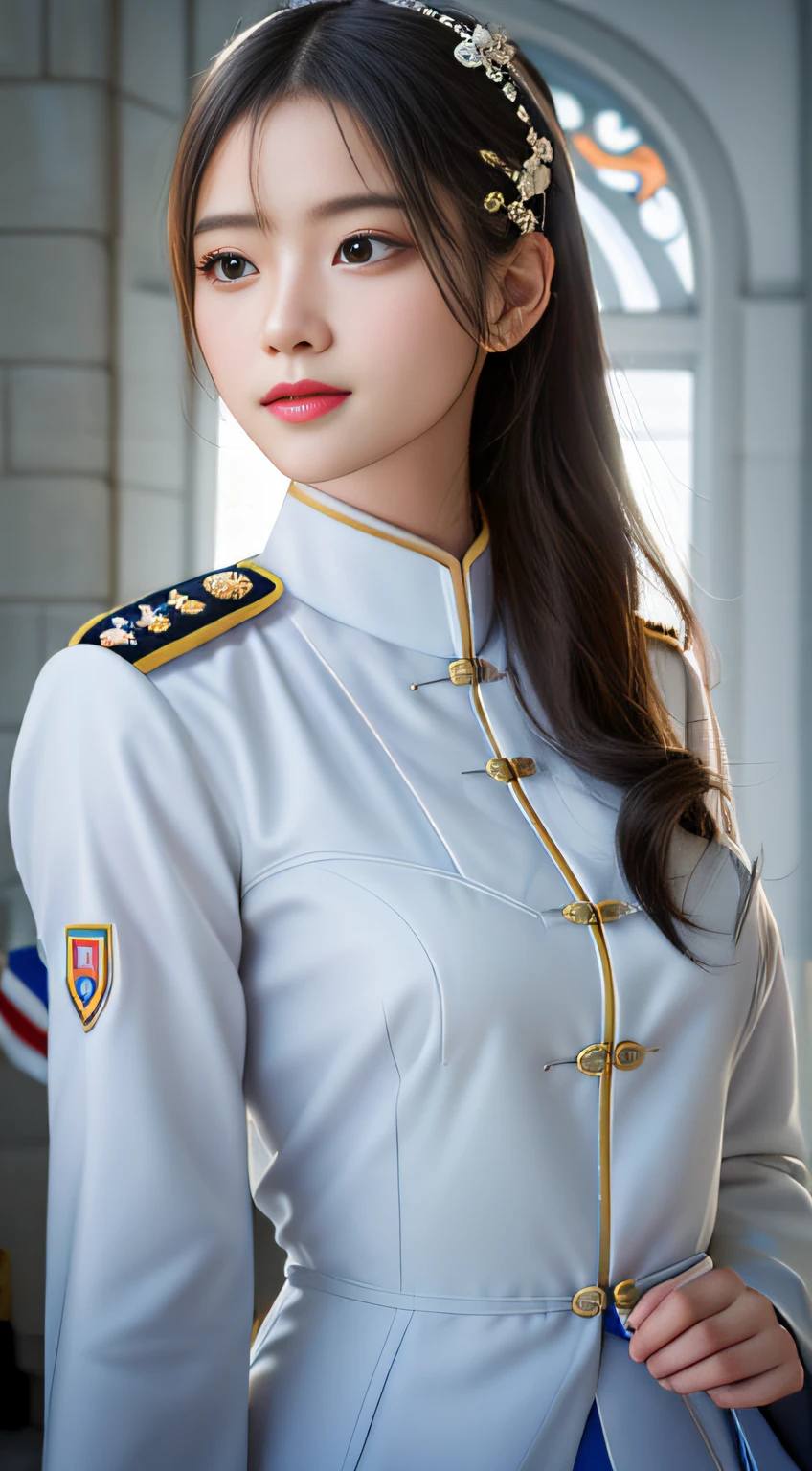 8k, Ultra-high resolution, Highest quality, masterpiece, 三分割法によるphotograph,Surreal, photograph, 1 Girl, (:1.3), pretty girl, Cute Face, Beautiful eyes in every detail, 細かくdetailedに,masterpiece,One Girl:1.2,Japanese female officer,Superior non-commissioned officer,full body,Serious expression,Black short hair,Bob with bangs, (The finest ceremonial attire:1.3),Pencil Skirt,Military clothing,Sharp contours,Looking down,Gray background, Light from above, Low contrast, (Side view),Perfect and beautiful face ,完璧でCute Face, Skin with attention to detail, Perfect limbs、Narrow waist,Looking at the audience,(((Ideal body type))),A cup small breasts :2,Portraiture:2,Perfect Anatomy,鮮明なdetailed,detailed,Surreal,Light and shadow,glowing