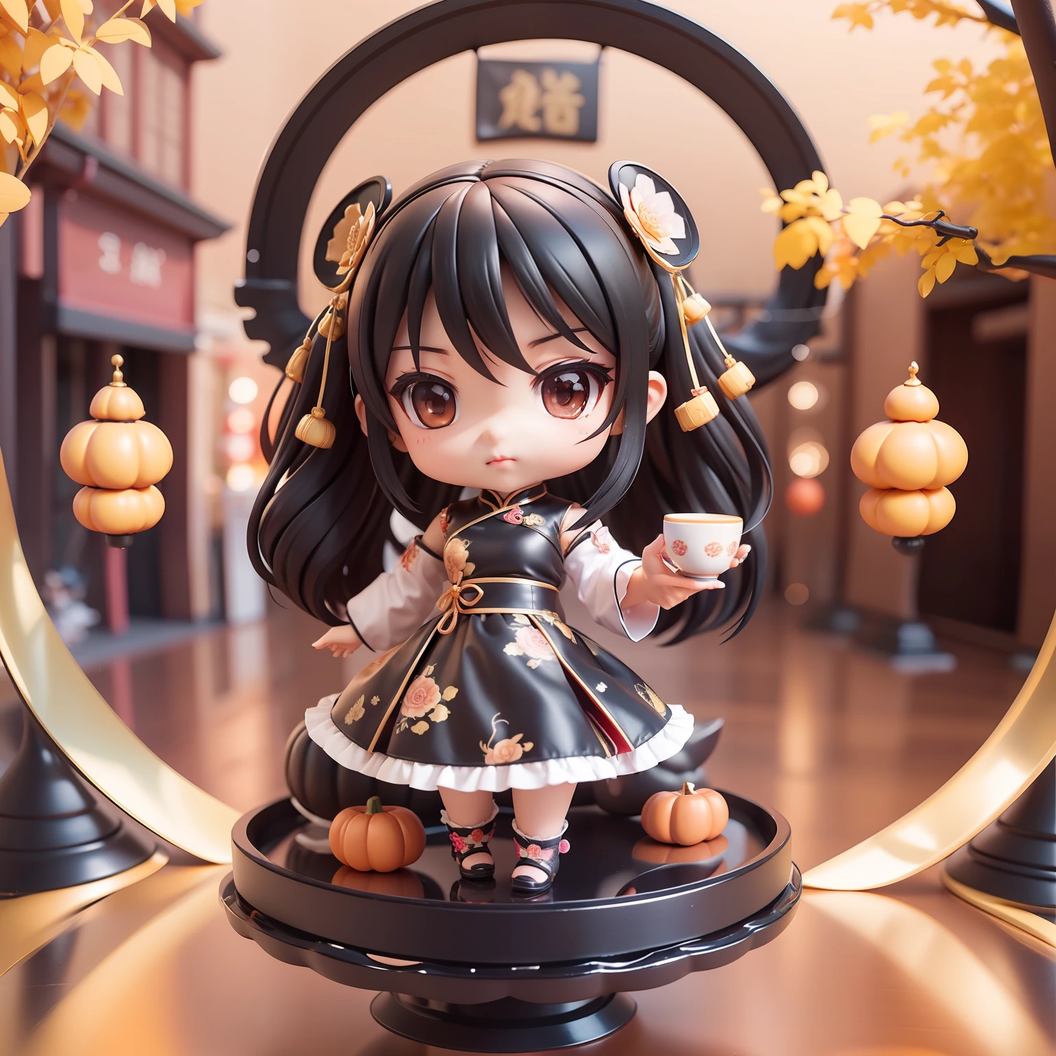 (((chibi 3d))) (Best Quality), (masutepiece) Chibi Anime Deformed Style, Black hair two chinions,Bodyline Collection 1 Women's Cheongsam, qipao dress, Cosplay, Halloween, The costume,The background is Yokohama Chinatown,Dragon pack,drinking a cup of tea,close-up Face.